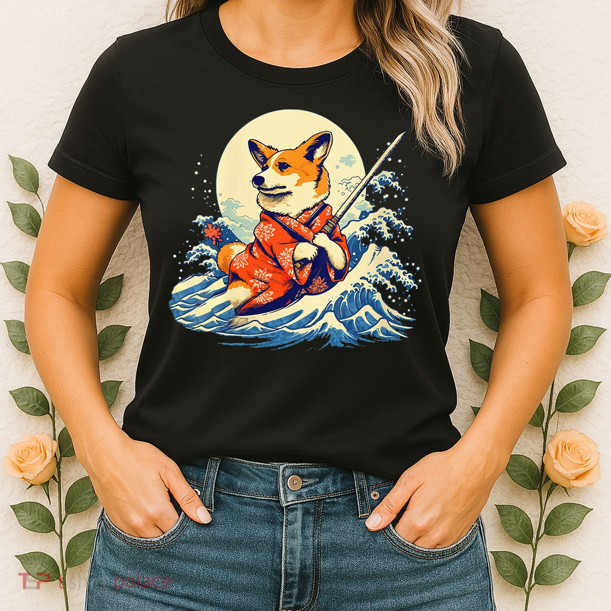 Funny Corgi Dog Japanese Grand Wave Ukiyoe Art Samurai Ninja Women's T-Shirt