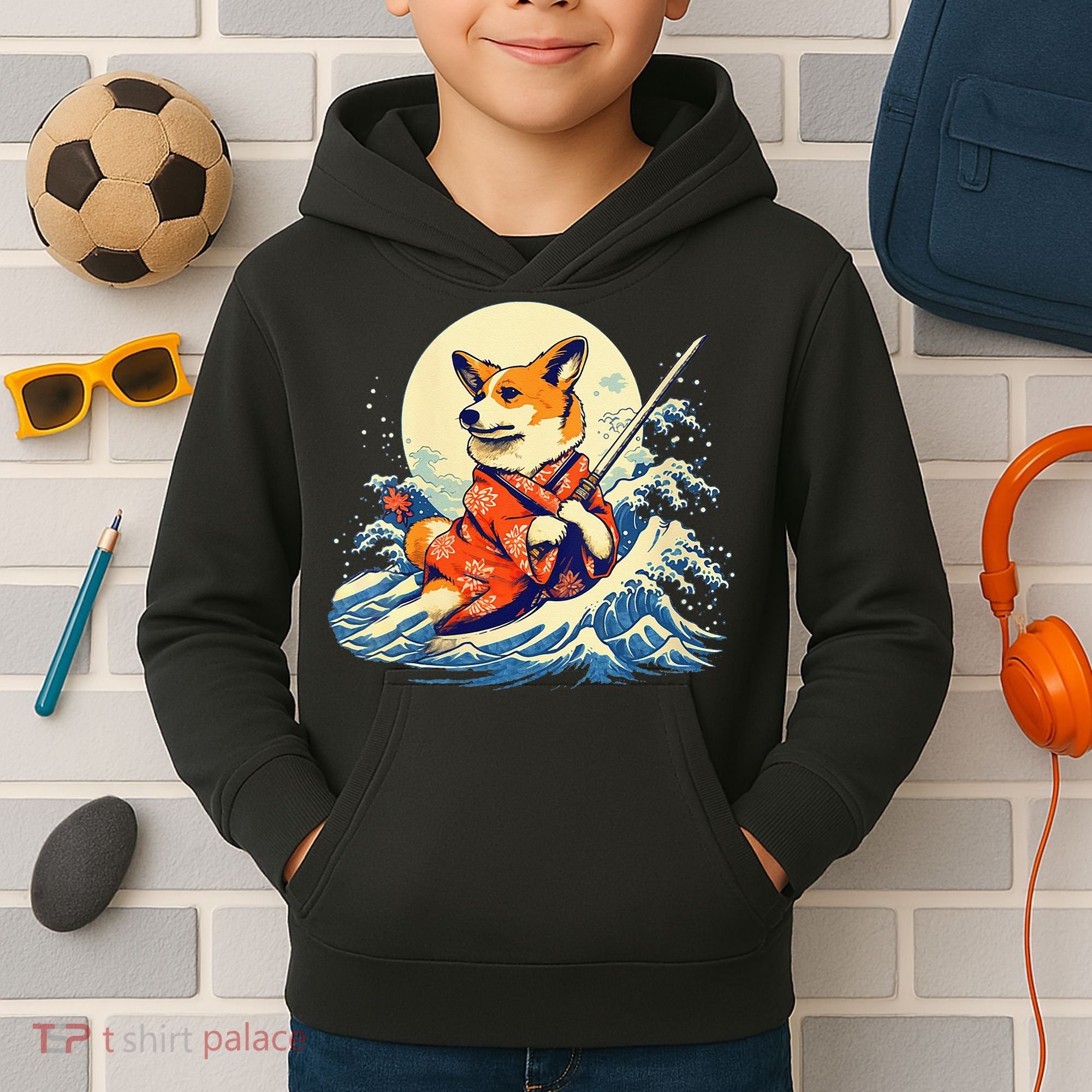 Funny Corgi Dog Japanese Grand Wave Ukiyoe Art Samurai Ninja Kids Hoodie