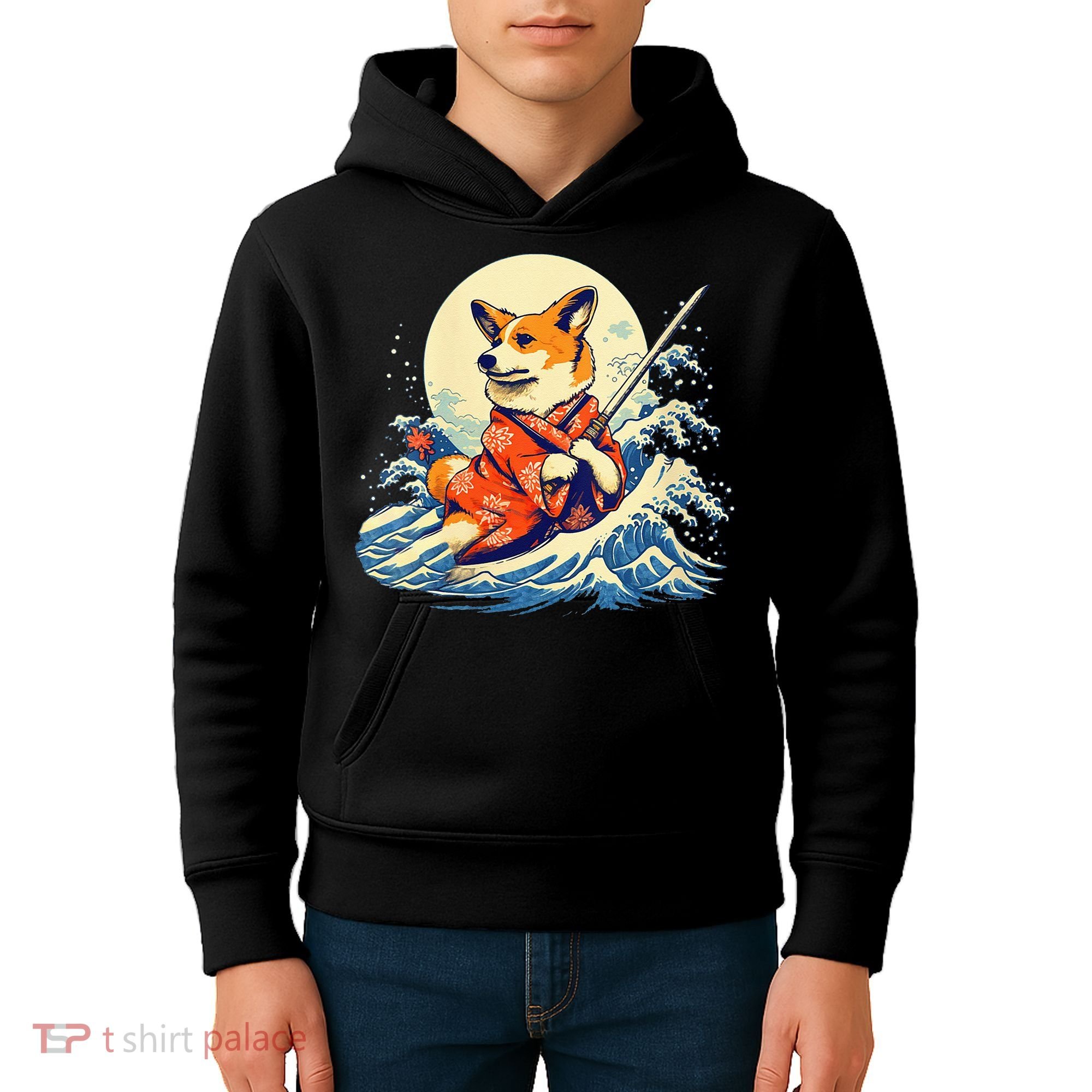 Funny Corgi Dog Japanese Grand Wave Ukiyoe Art Samurai Ninja Kids Hoodie