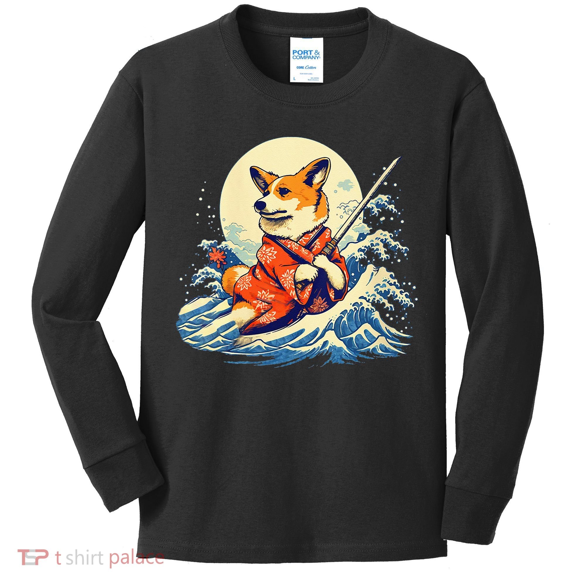 Funny Corgi Dog Japanese Grand Wave Ukiyoe Art Samurai Ninja Kids Long Sleeve Shirt