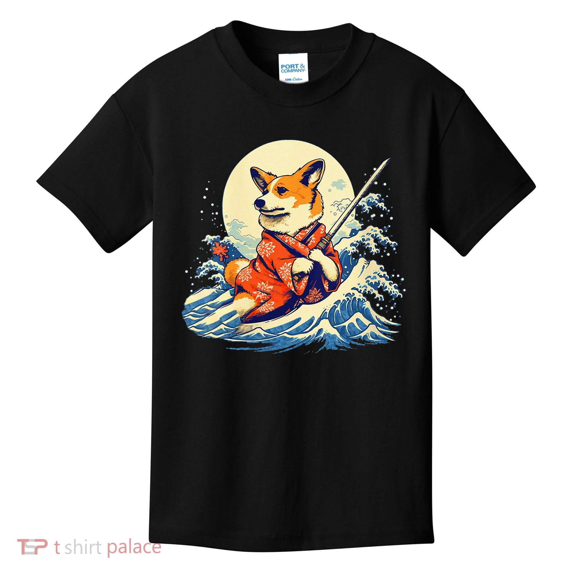 Funny Corgi Dog Japanese Grand Wave Ukiyoe Art Samurai Ninja Kids T-Shirt