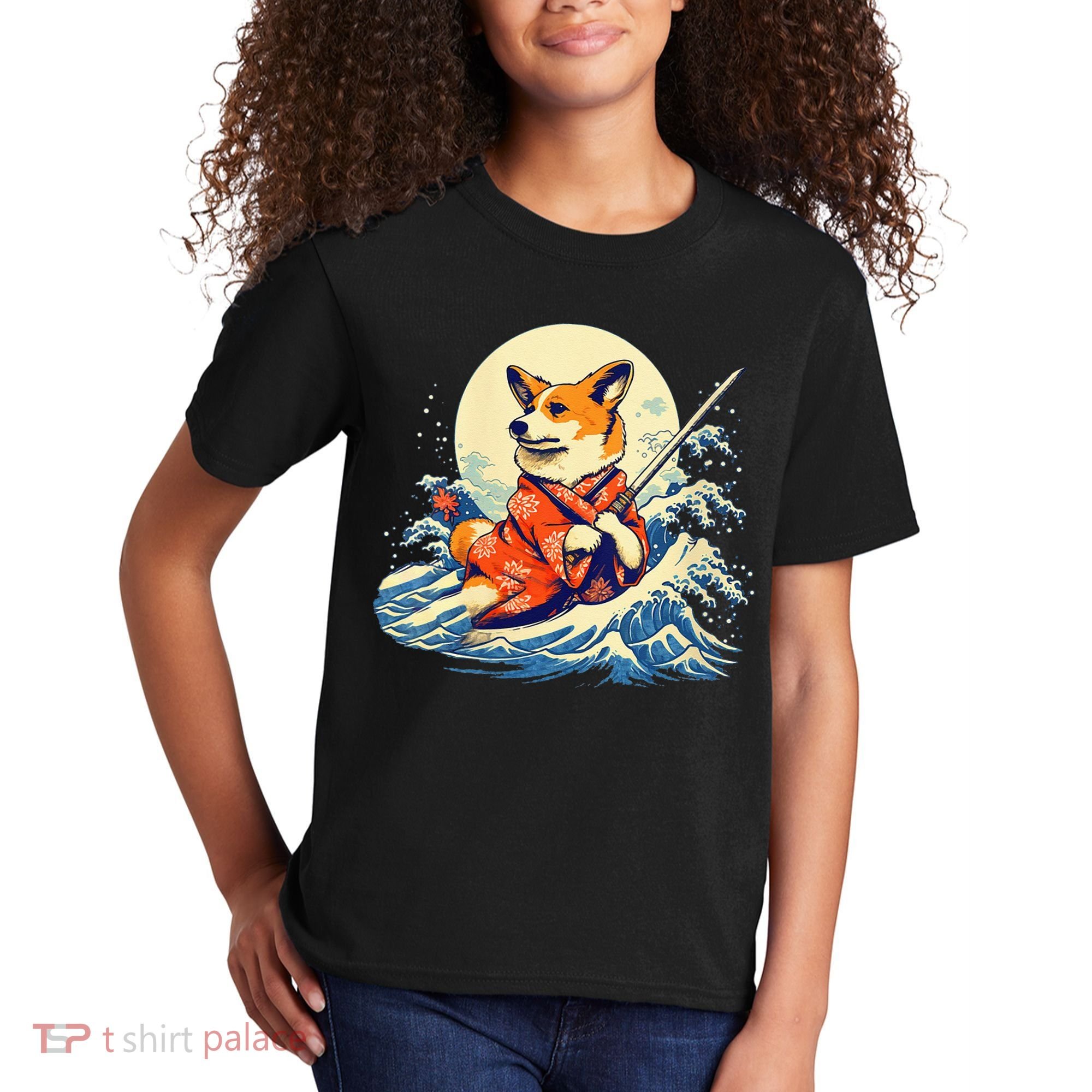 Funny Corgi Dog Japanese Grand Wave Ukiyoe Art Samurai Ninja Kids T-Shirt