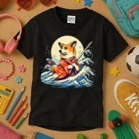Funny Corgi Dog Japanese Grand Wave Ukiyoe Art Samurai Ninja Kids T-Shirt thumb 3