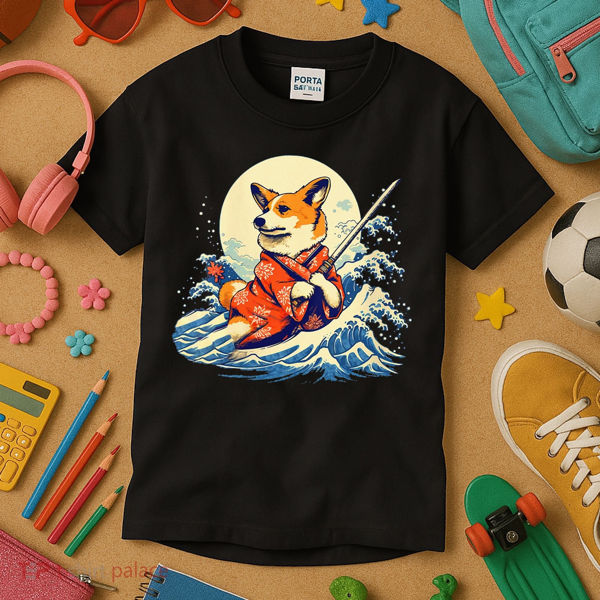 Funny Corgi Dog Japanese Grand Wave Ukiyoe Art Samurai Ninja Kids T-Shirt