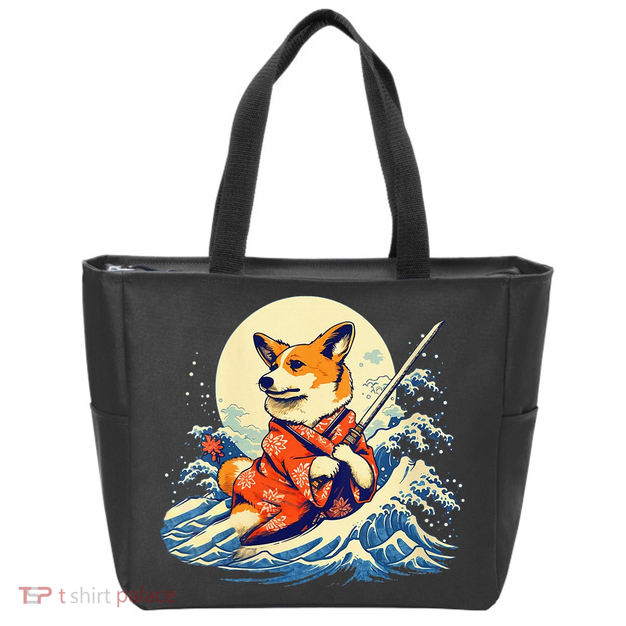 Funny Corgi Dog Japanese Grand Wave Ukiyoe Art Samurai Ninja Tote Bag