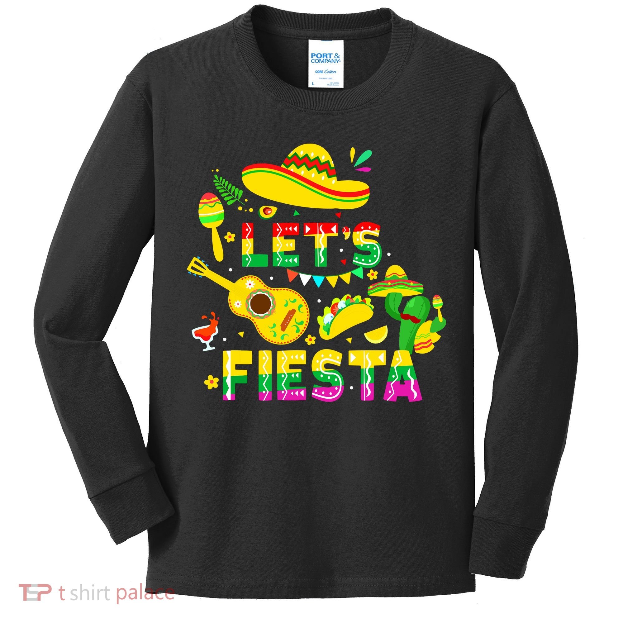Funny Cinco De Mayo Mexican Guitar Cactus Lets Fiesta Kids Long Sleeve Shirt