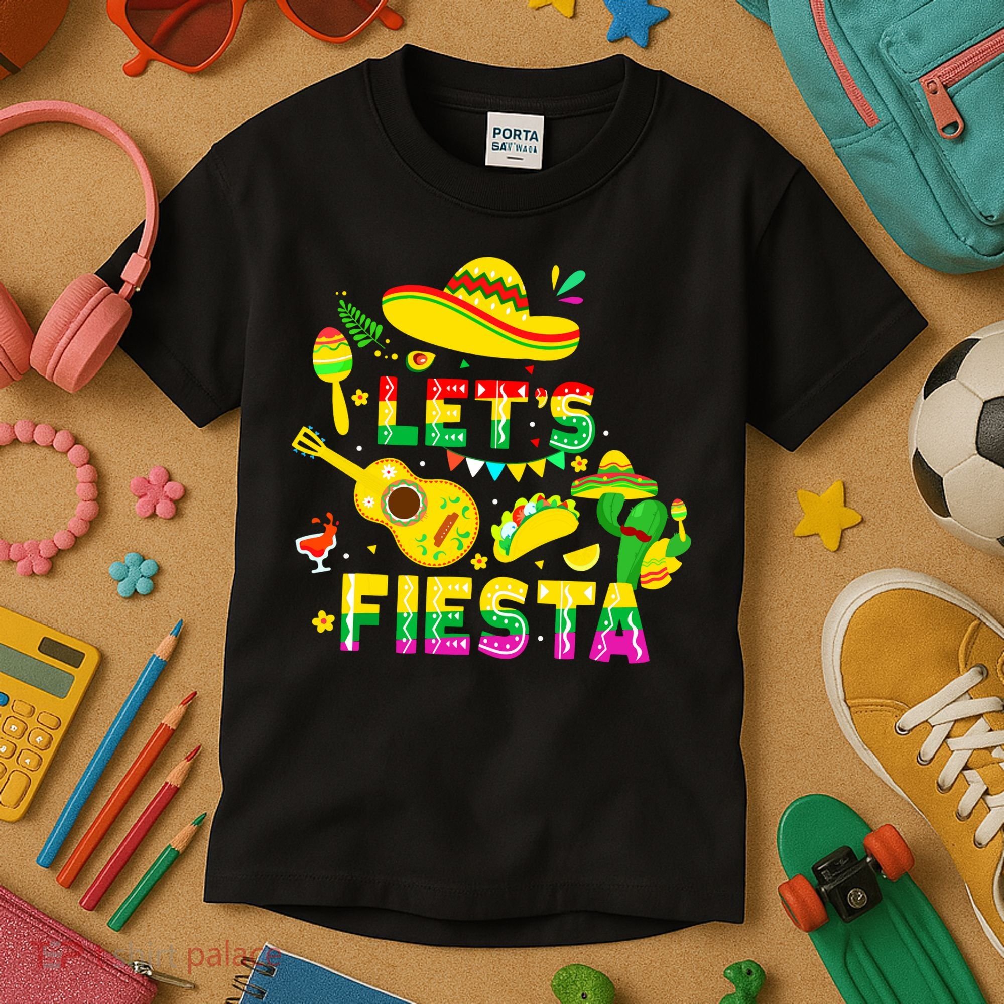 Funny Cinco De Mayo Mexican Guitar Cactus Lets Fiesta Kids T-Shirt