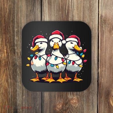 Funny Christmas Ducks Wearing Xmas Hat Light Duck Lover Farm Coaster