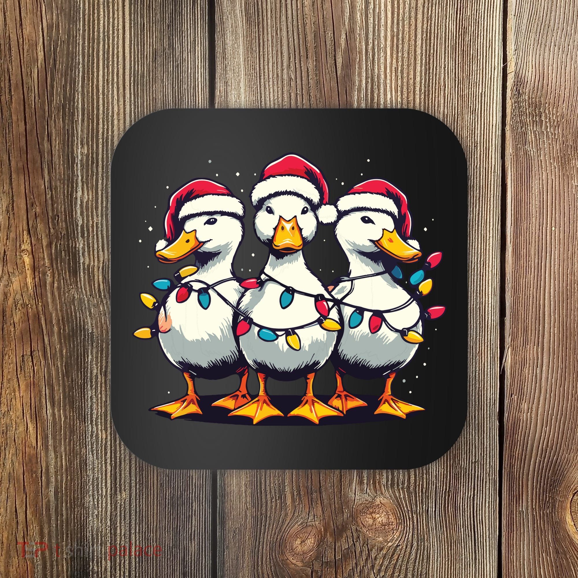 Funny Christmas Ducks Wearing Xmas Hat Light Duck Lover Farm Coaster