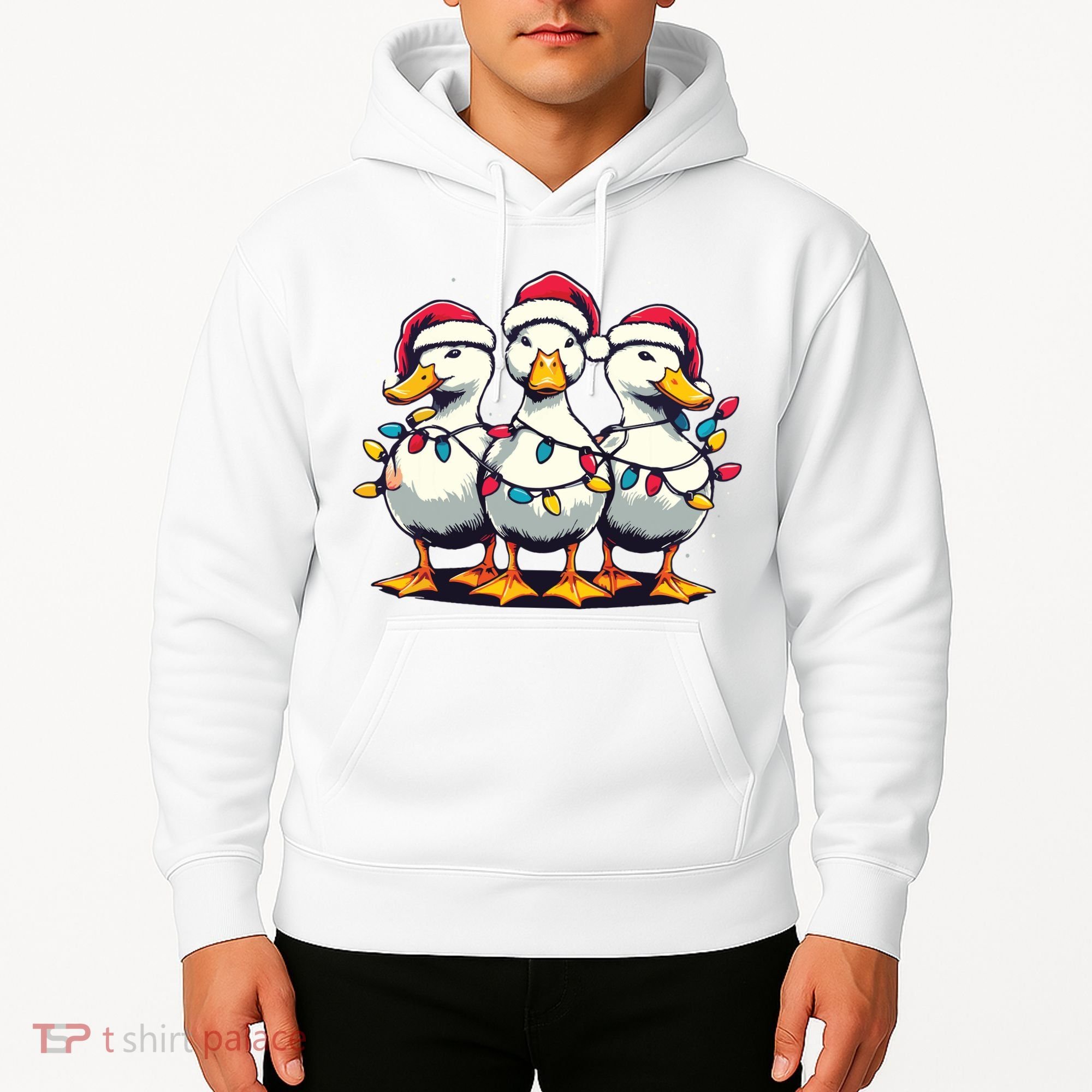 Funny Christmas Ducks Wearing Xmas Hat Light Duck Lover Farm Hoodie