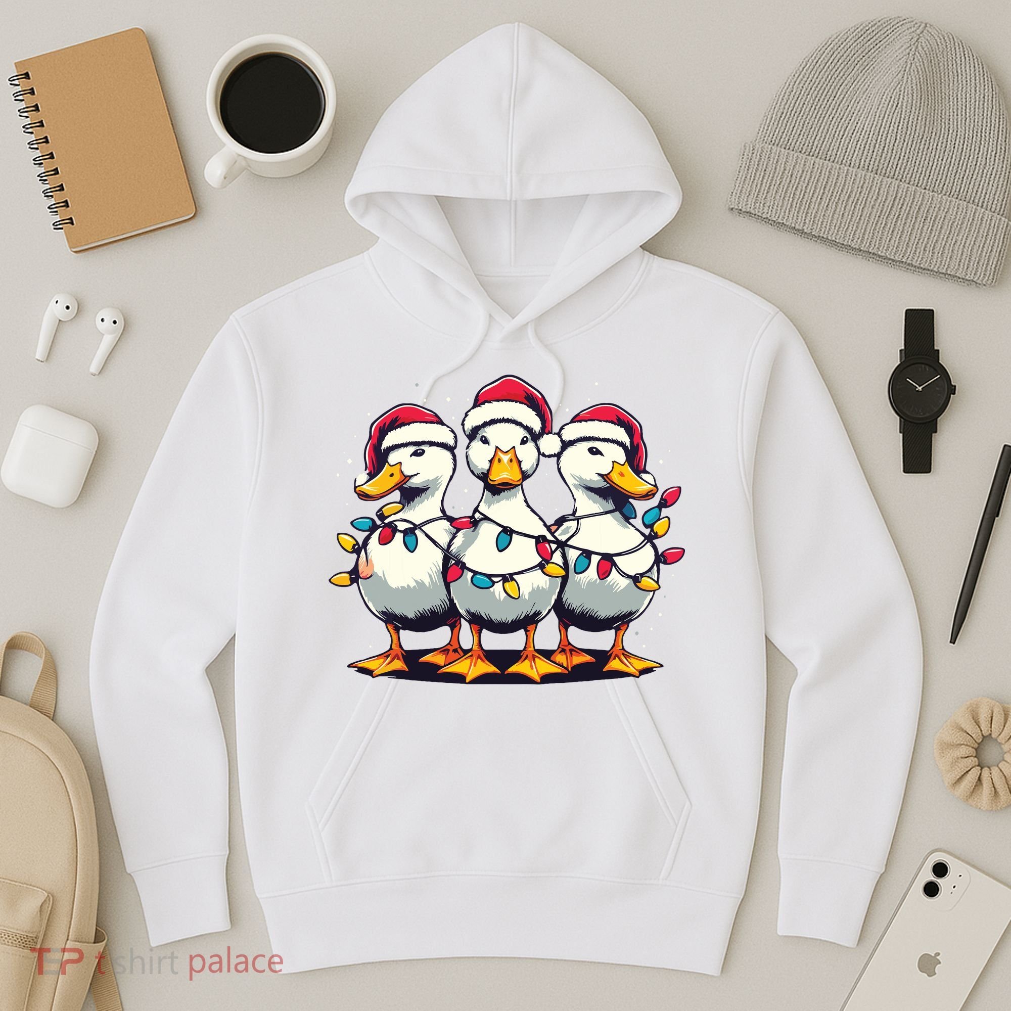 Funny Christmas Ducks Wearing Xmas Hat Light Duck Lover Farm Hoodie