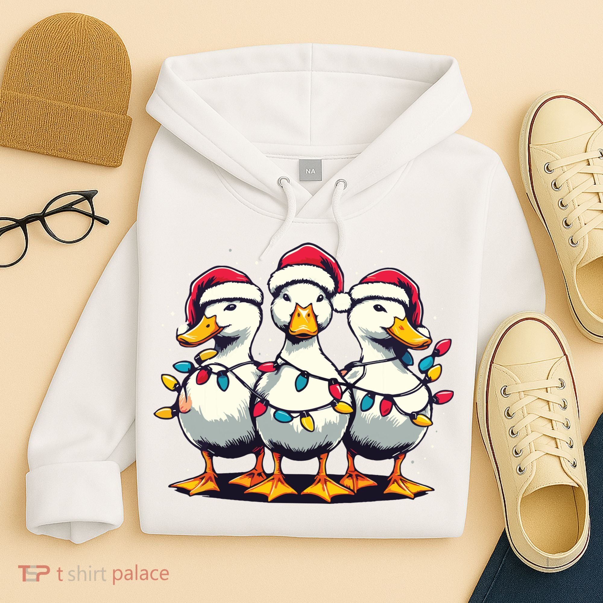 Funny Christmas Ducks Wearing Xmas Hat Light Duck Lover Farm Hoodie