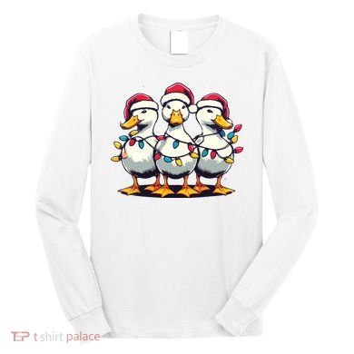Funny Christmas Ducks Wearing Xmas Hat Light Duck Lover Farm Long Sleeve Shirt