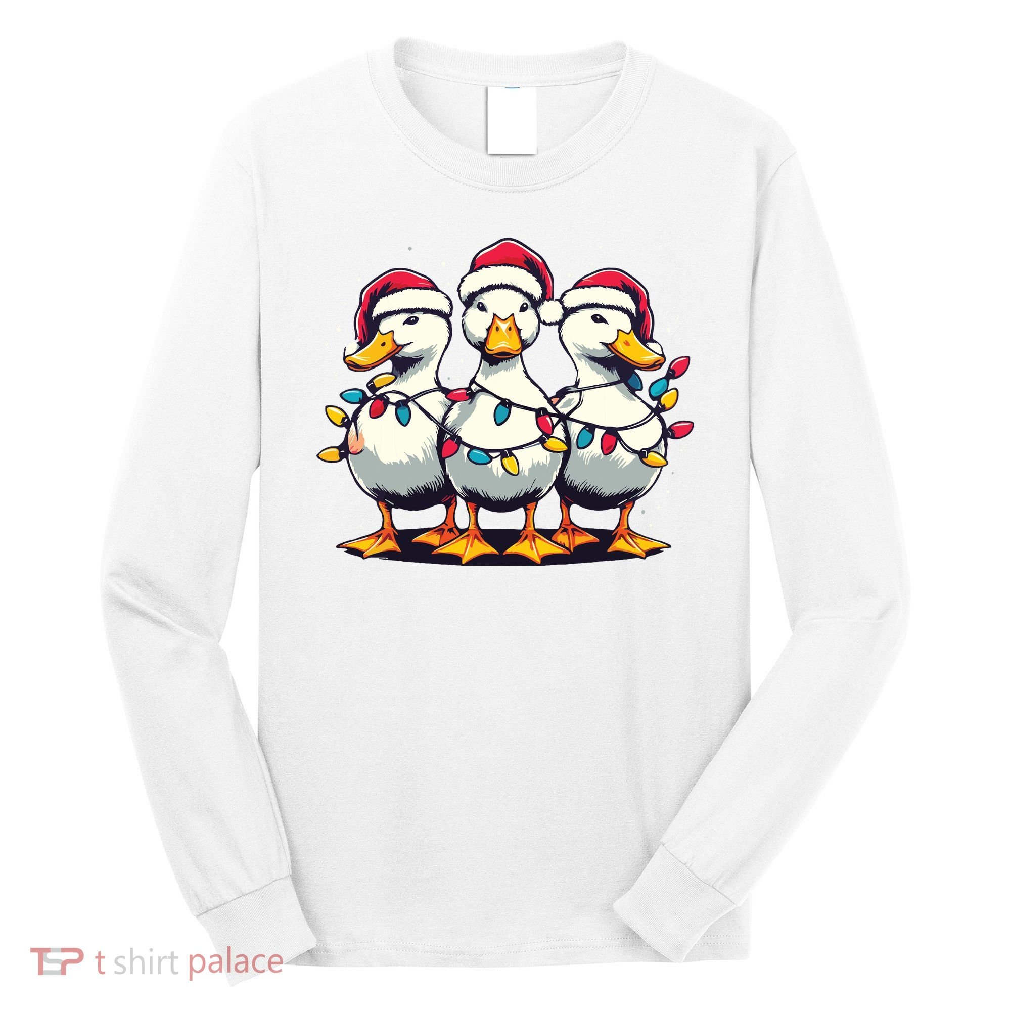 Funny Christmas Ducks Wearing Xmas Hat Light Duck Lover Farm Long Sleeve Shirt
