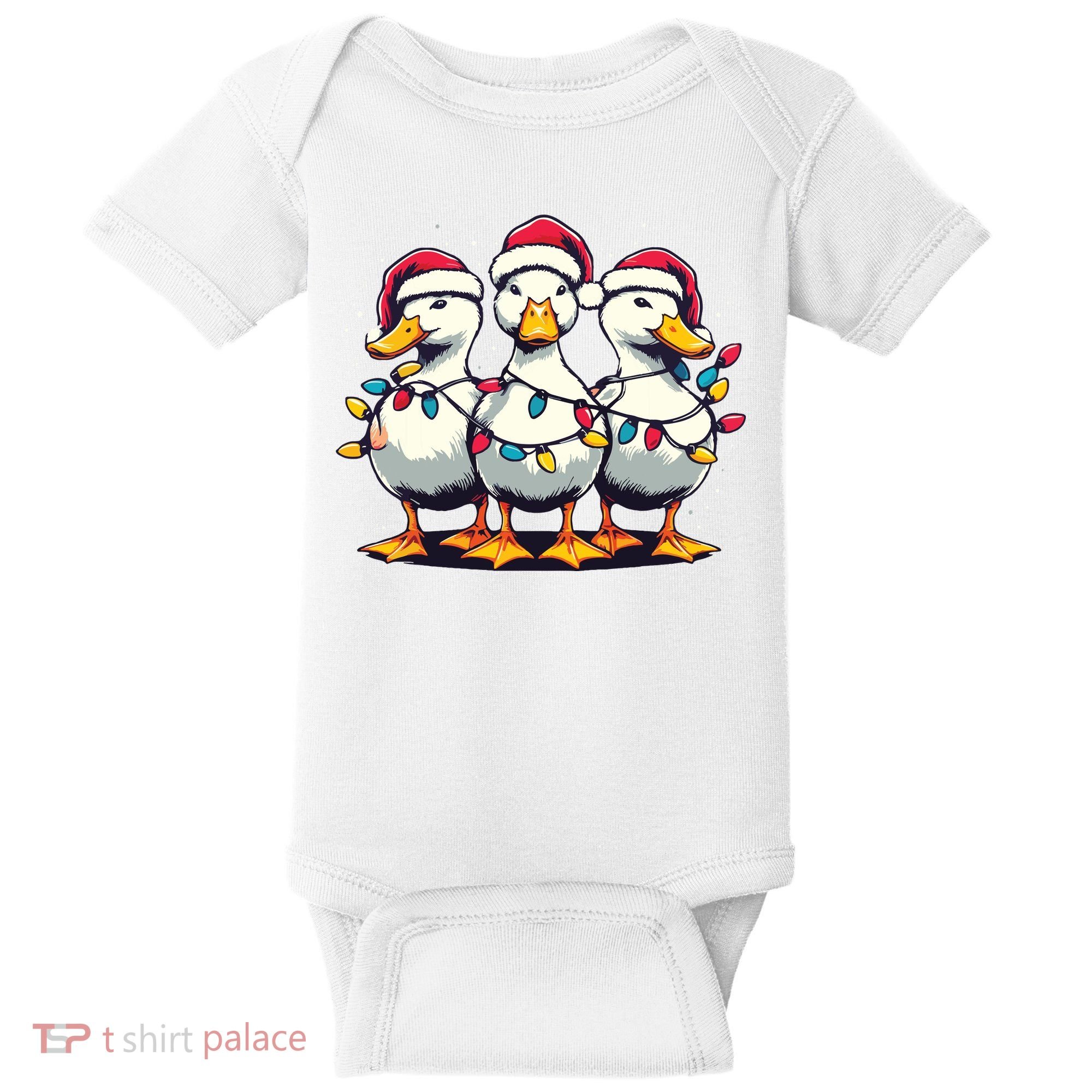 Funny Christmas Ducks Wearing Xmas Hat Light Duck Lover Farm Baby Bodysuit