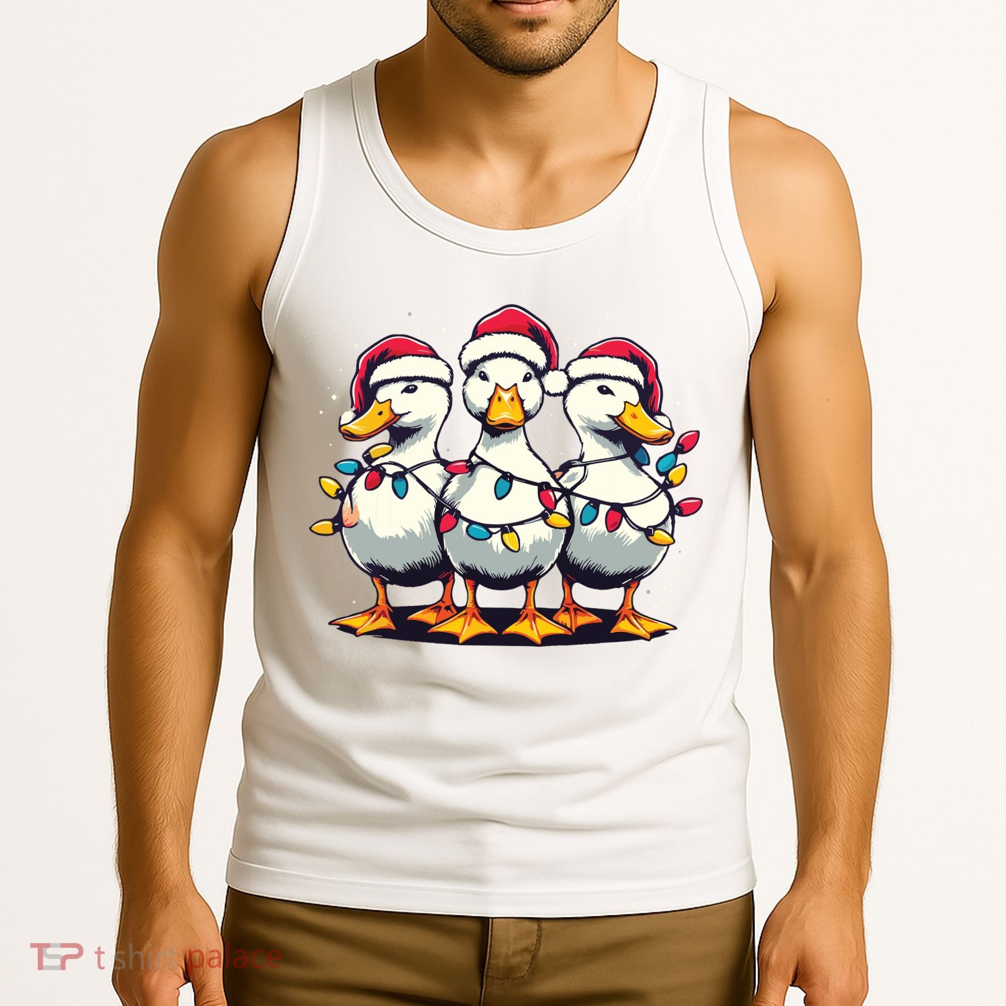 Funny Christmas Ducks Wearing Xmas Hat Light Duck Lover Farm Tank Top