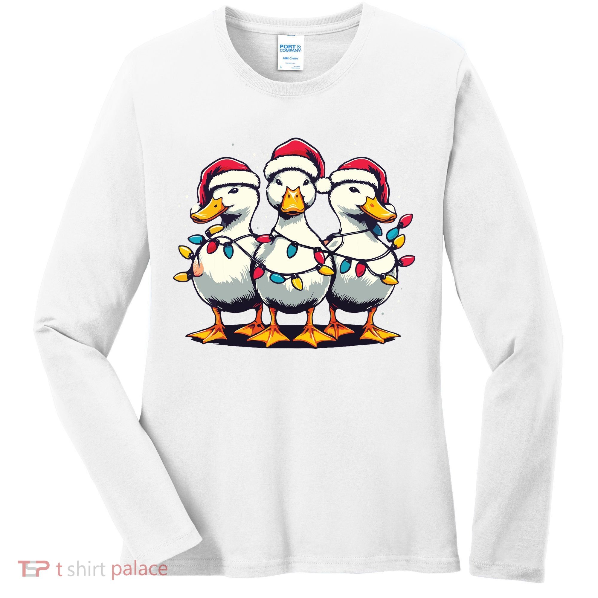 Funny Christmas Ducks Wearing Xmas Hat Light Duck Lover Farm Women's Long Sleeve Shirt