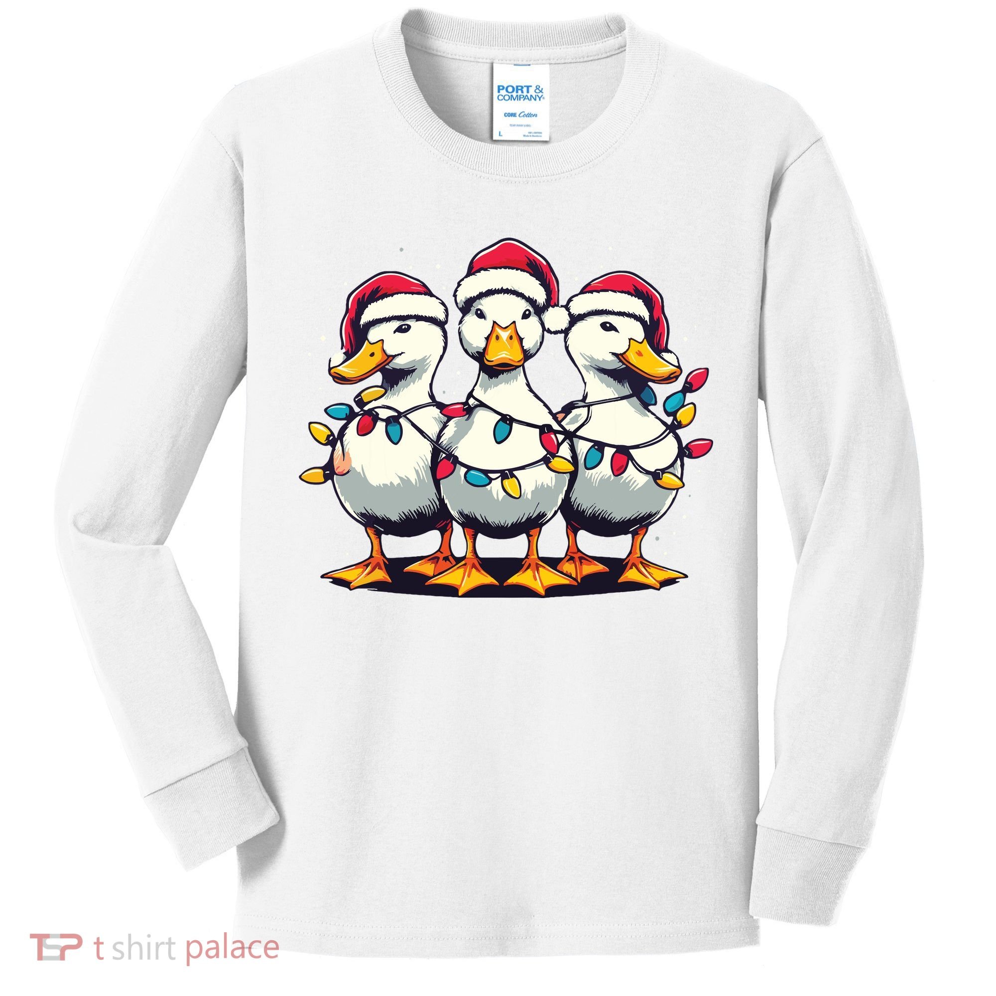 Funny Christmas Ducks Wearing Xmas Hat Light Duck Lover Farm Kids Long Sleeve Shirt