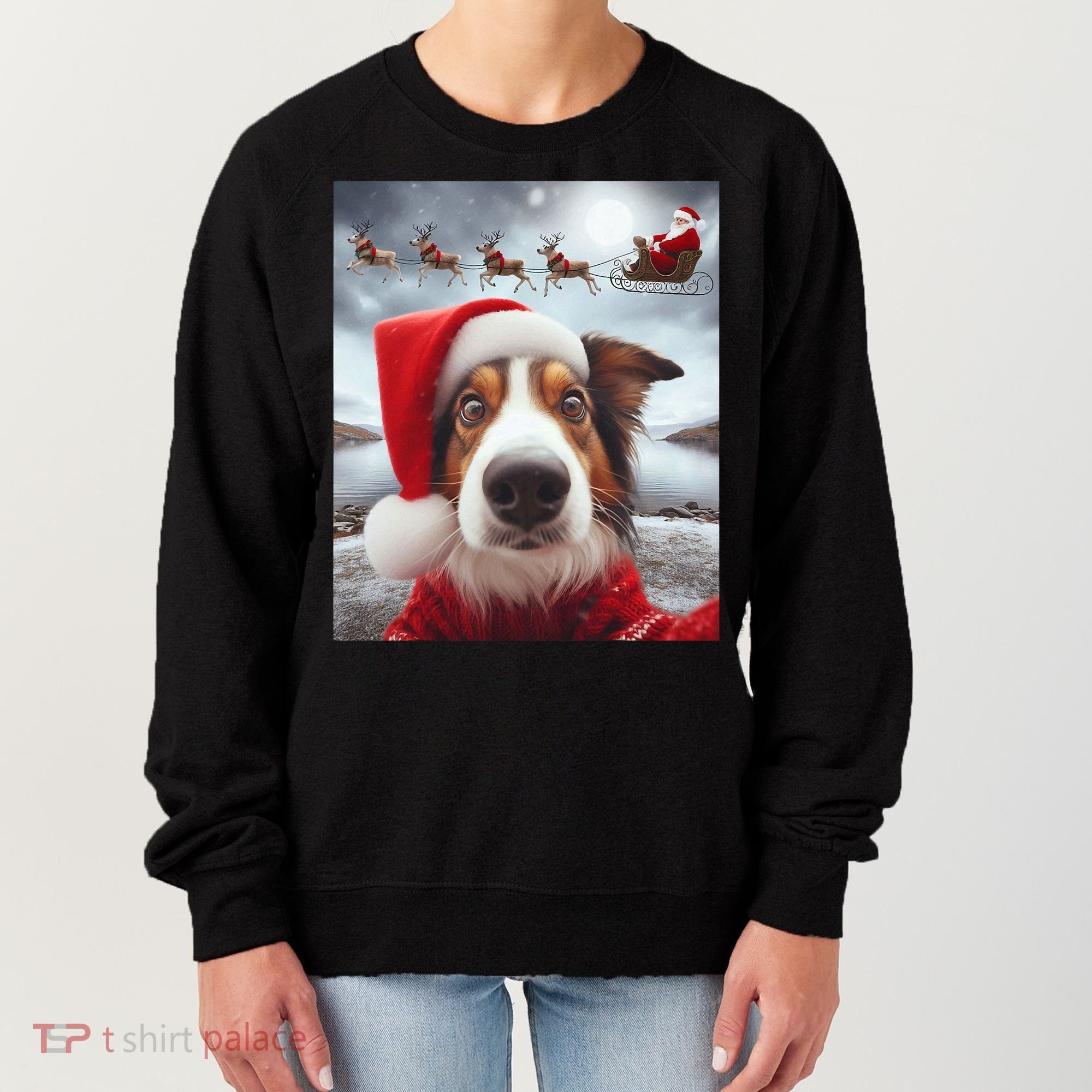 Funny Christmas Dog With Santa Dog Selfie With Santa Women's Sweatshirt