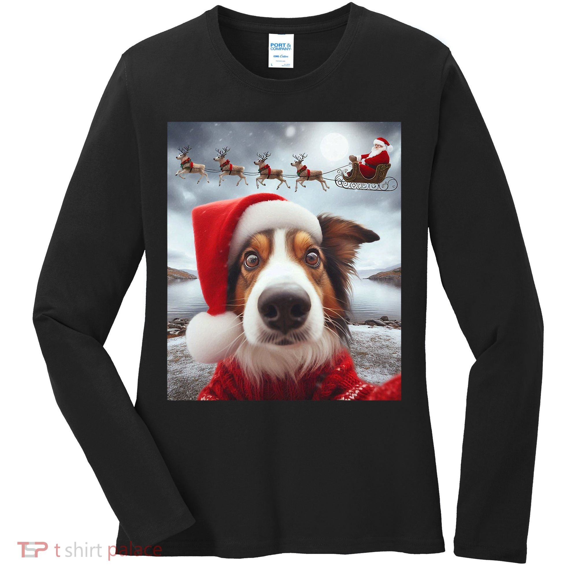Funny Christmas Dog With Santa Dog Selfie With Santa Women's Long Sleeve Shirt