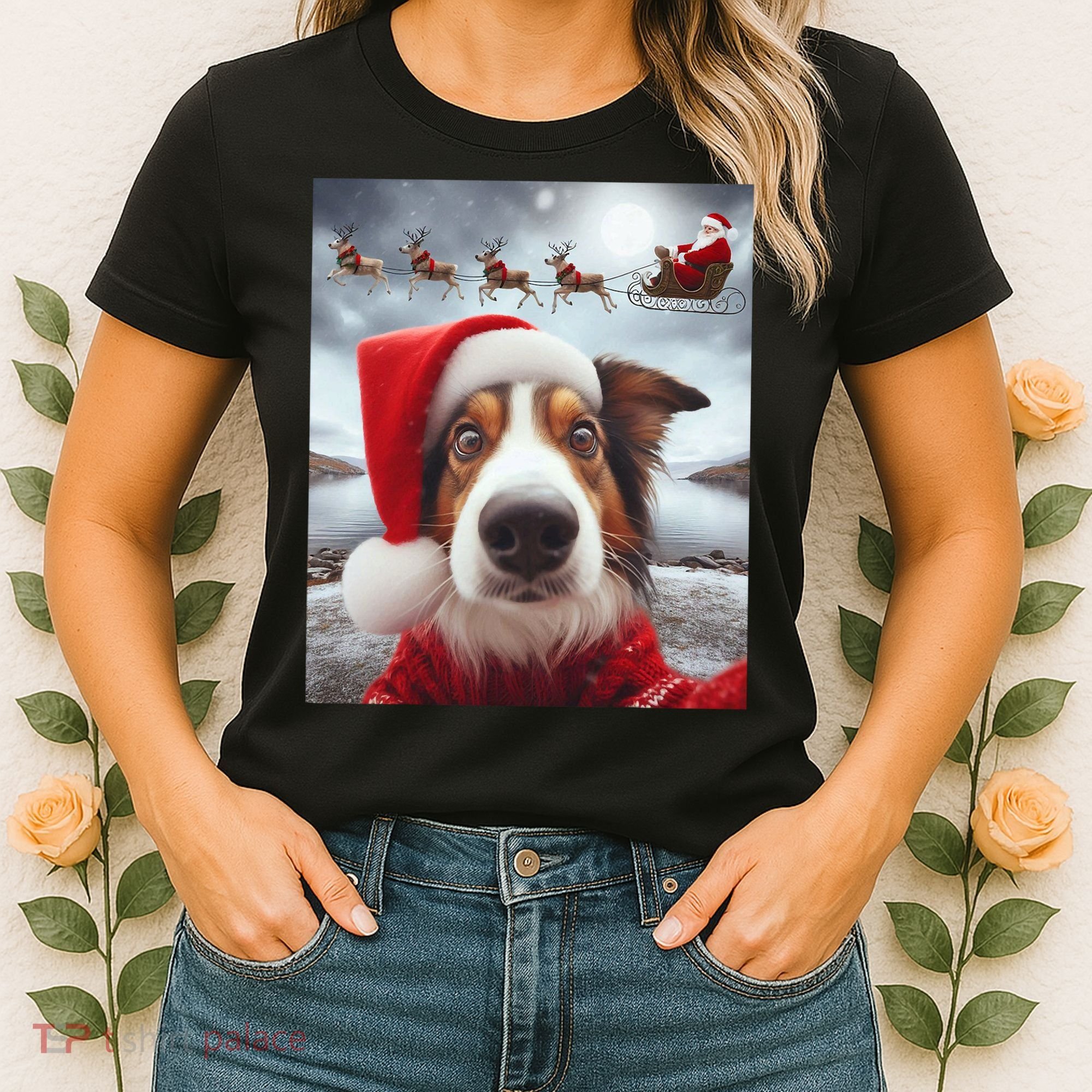Funny Christmas Dog With Santa Dog Selfie With Santa Women's T-Shirt