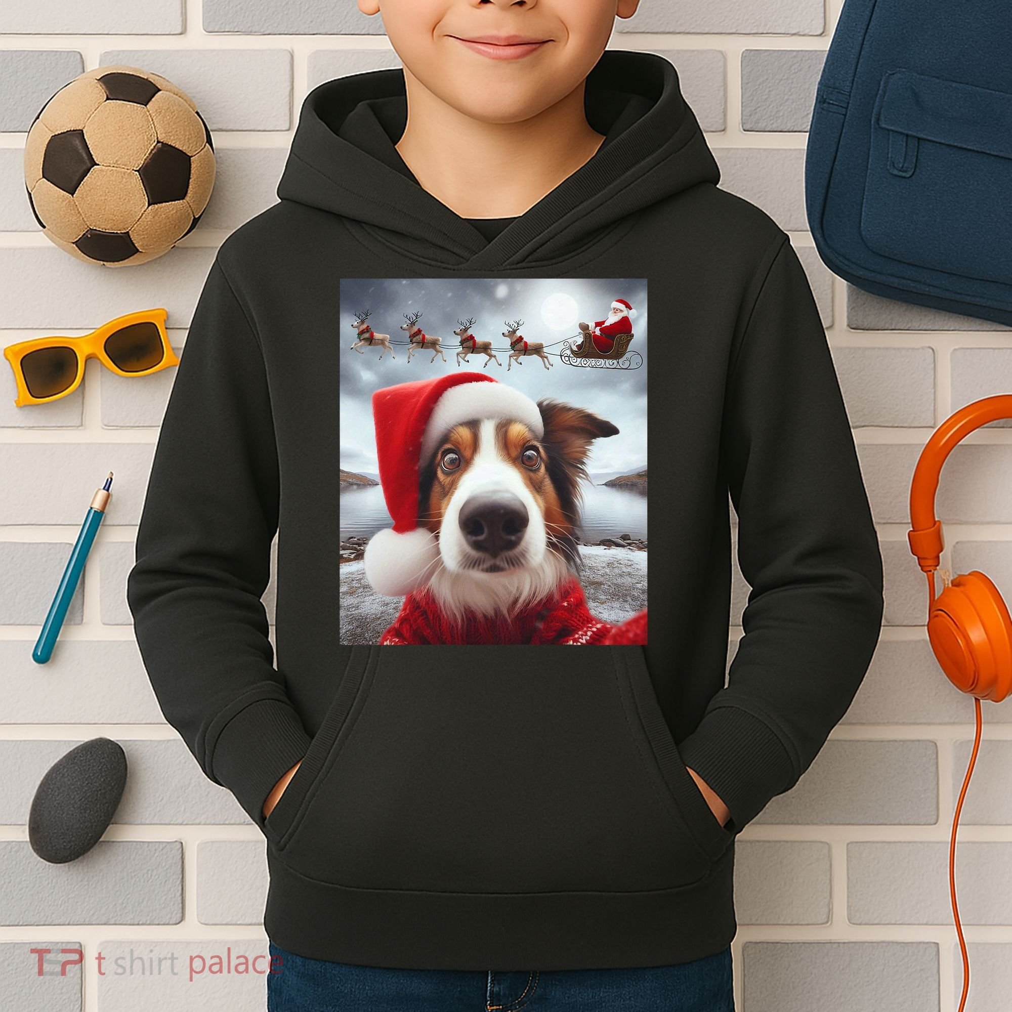 Funny Christmas Dog With Santa Dog Selfie With Santa Kids Hoodie
