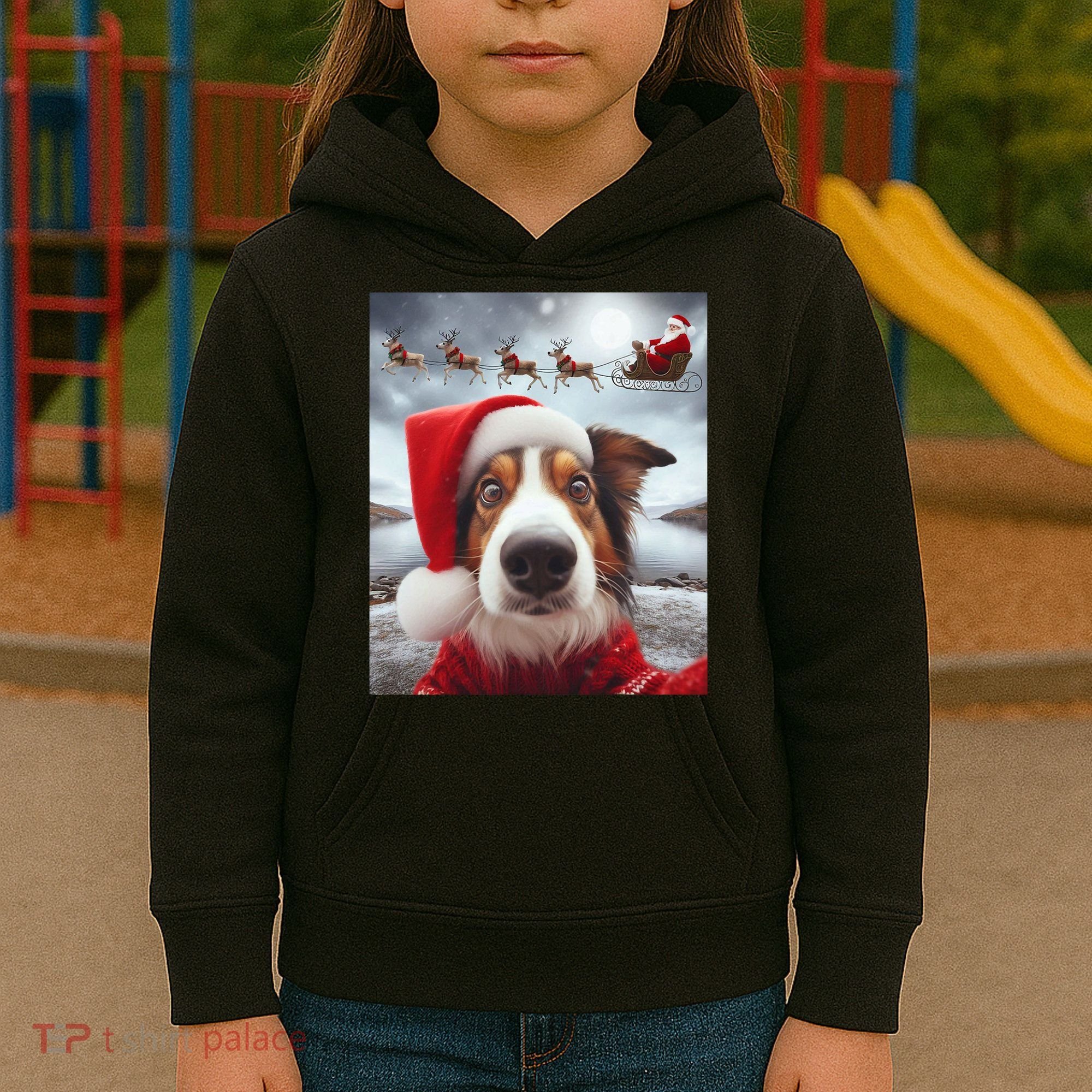 Funny Christmas Dog With Santa Dog Selfie With Santa Kids Hoodie