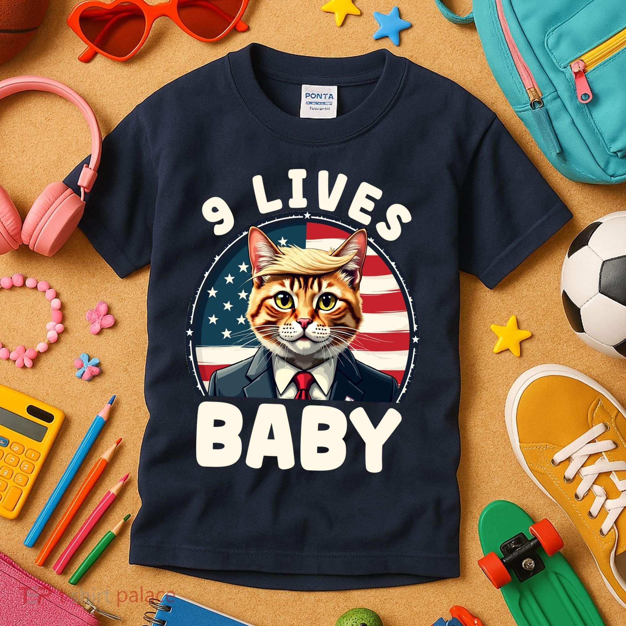 Funny Cat Donald Trump 9 Lives Baby Kids T-Shirt