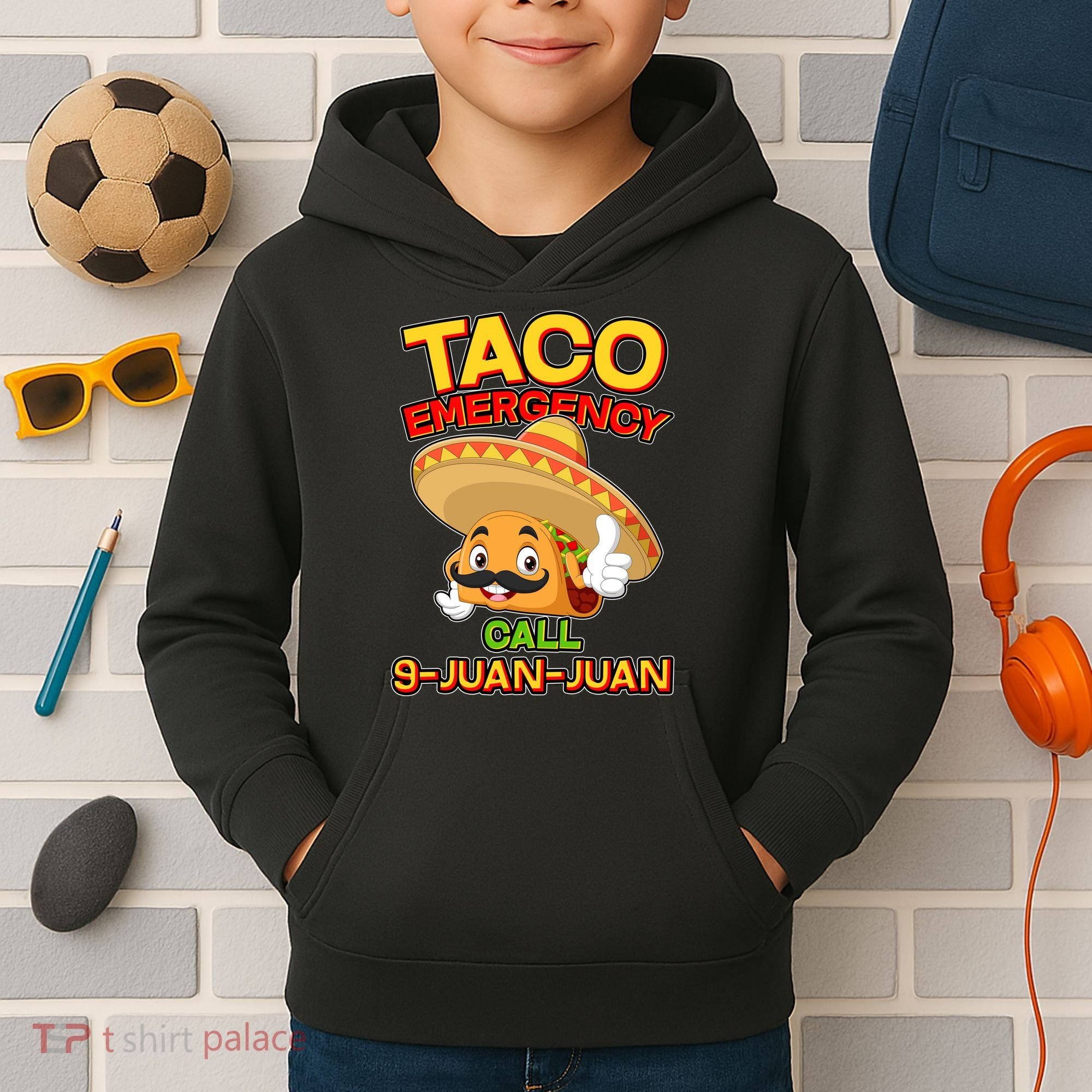Funny Cinco De Mayo Taco Emergency Call 9 Juan Juan Kids Hoodie