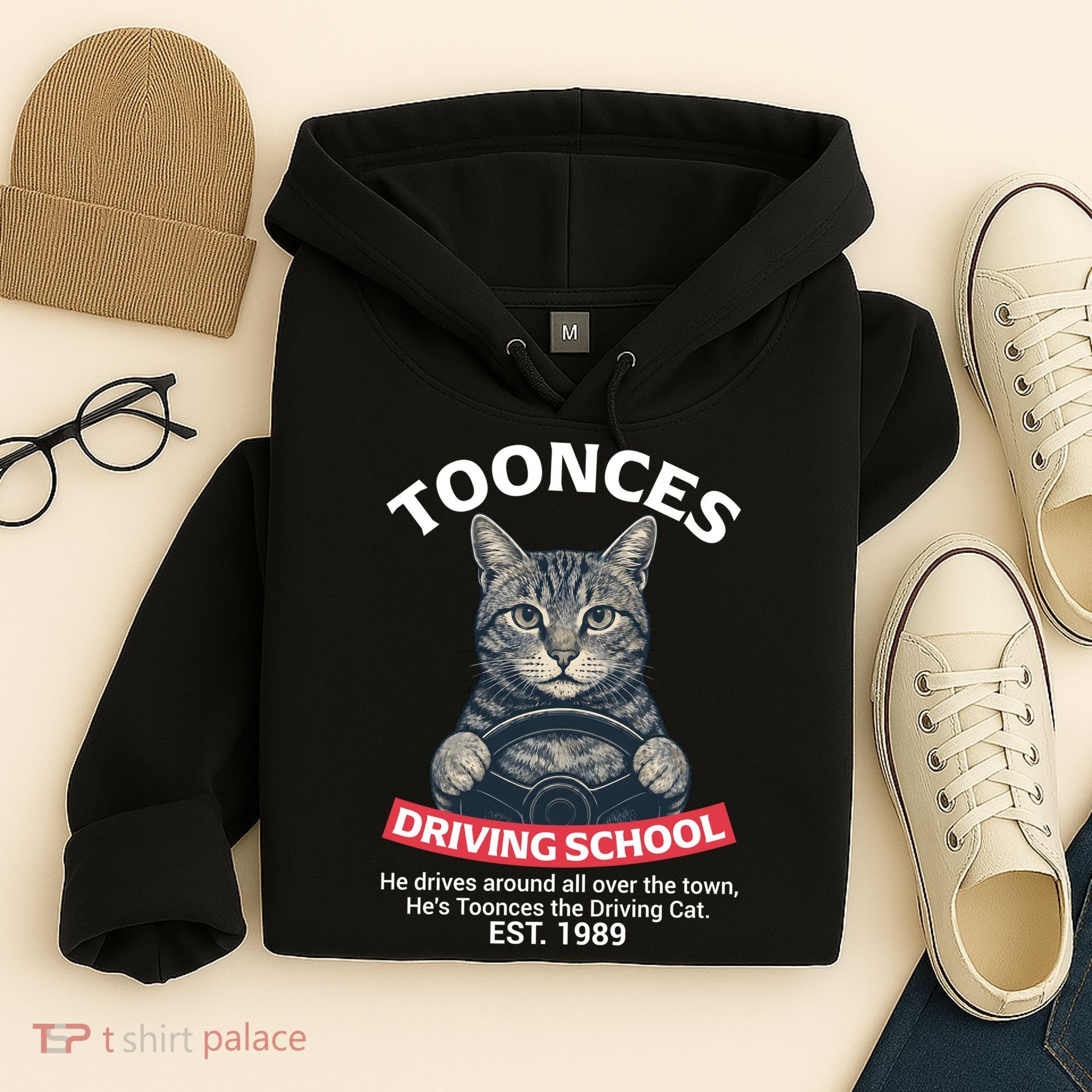 Funny Cat Driving School Graphic with Kitten Steering Hoodie