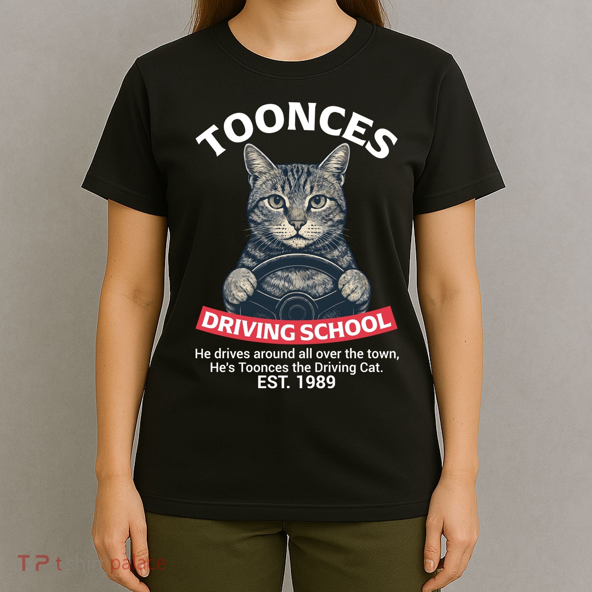 Funny Cat Driving School Graphic with Kitten Steering T-Shirt