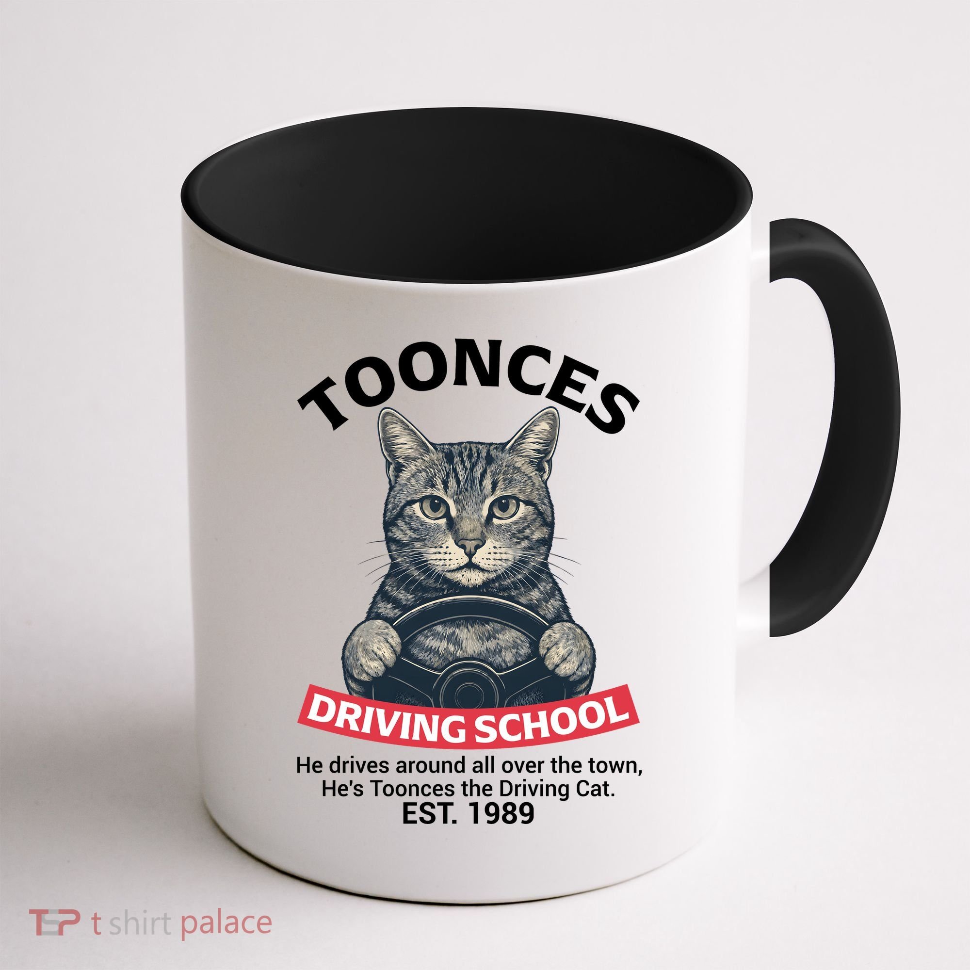 Funny Cat Driving School Graphic with Kitten Steering Coffee Mug