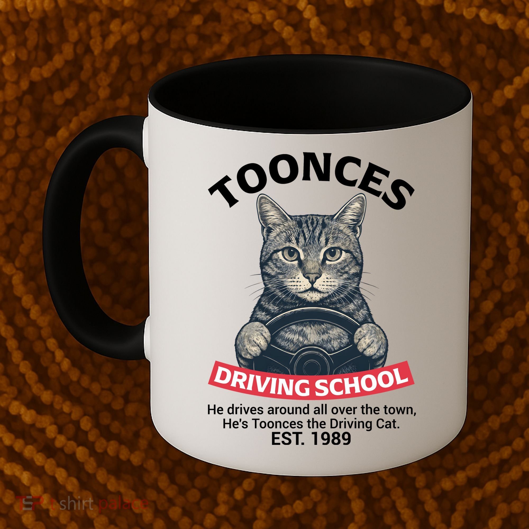 Funny Cat Driving School Graphic with Kitten Steering Coffee Mug