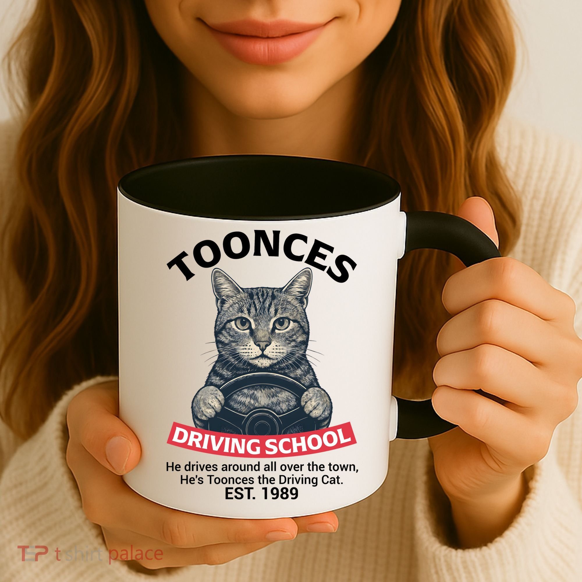 Funny Cat Driving School Graphic with Kitten Steering Coffee Mug