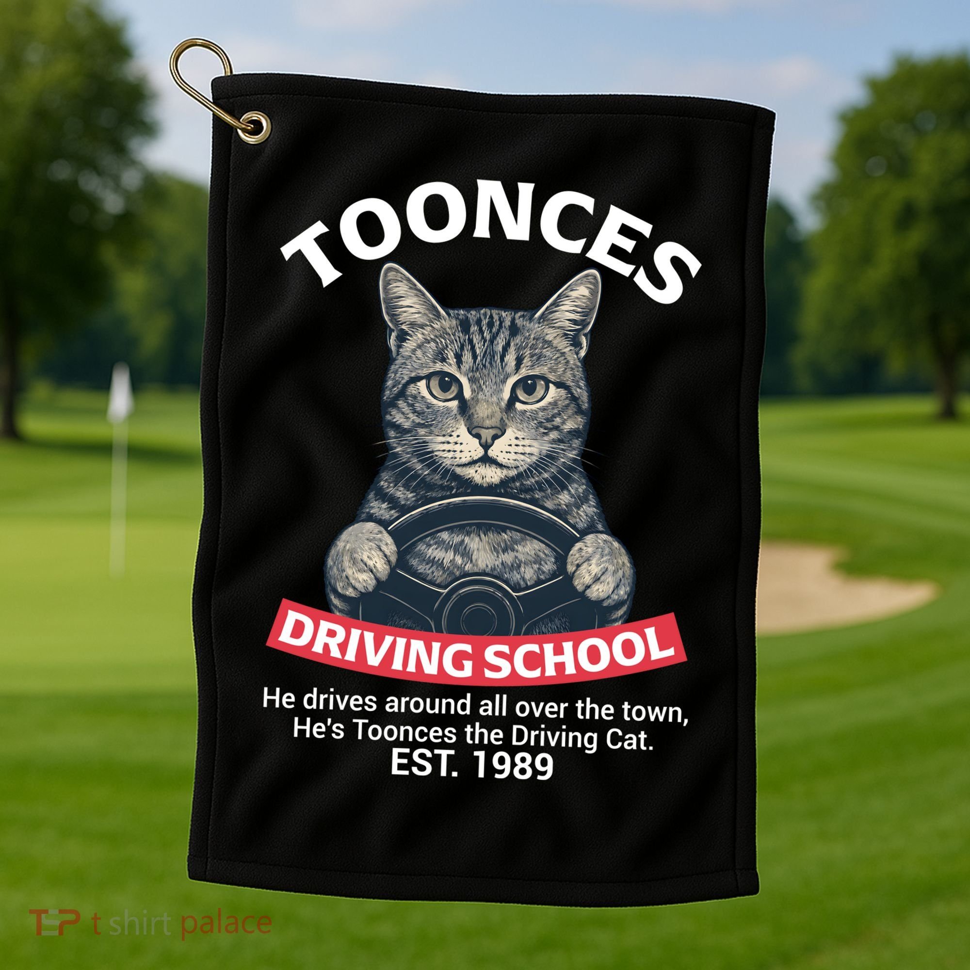 Funny Cat Driving School Graphic with Kitten Steering Golf Towel