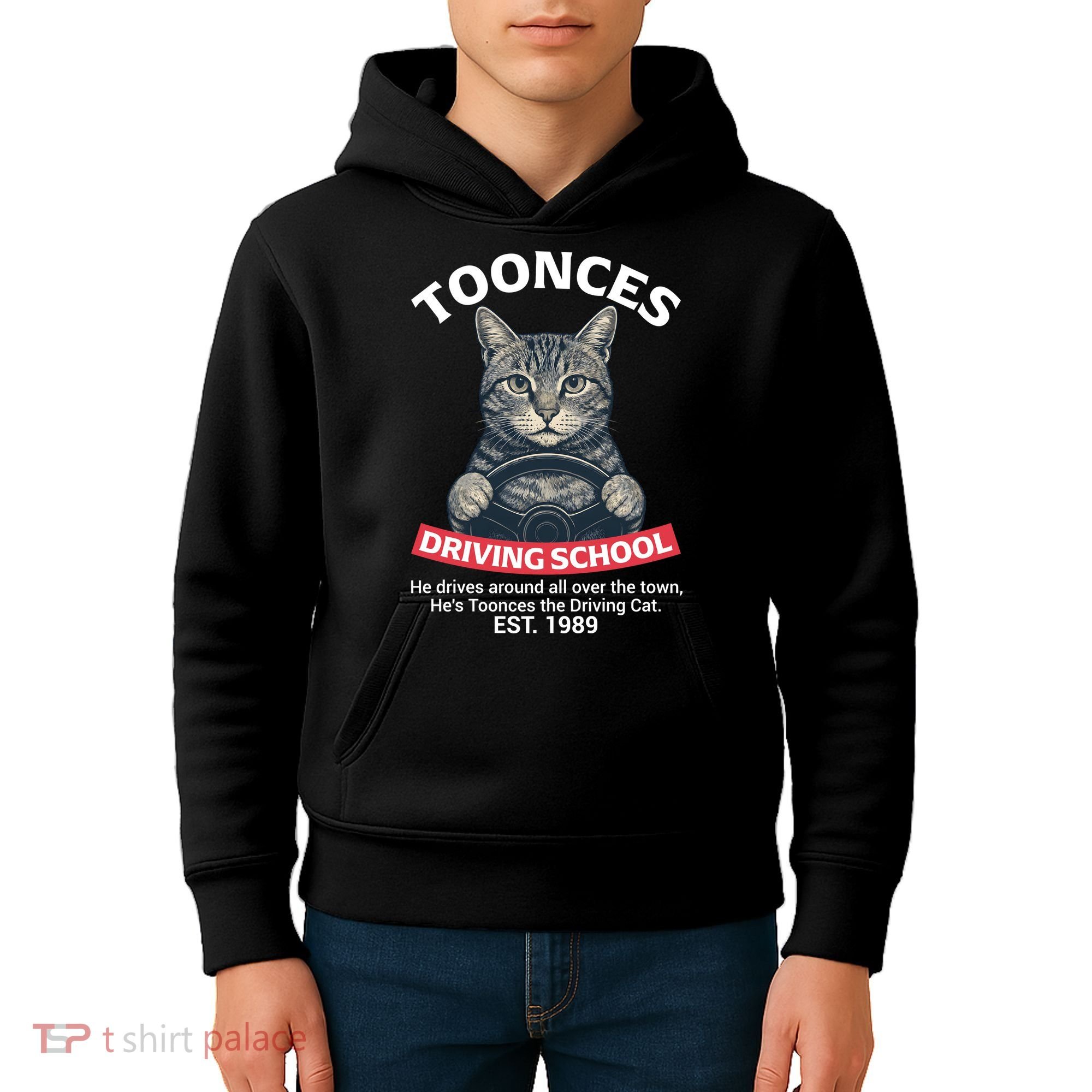 Funny Cat Driving School Graphic with Kitten Steering Kids Hoodie