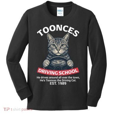 Funny Cat Driving School Graphic with Kitten Steering Kids Long Sleeve Shirt