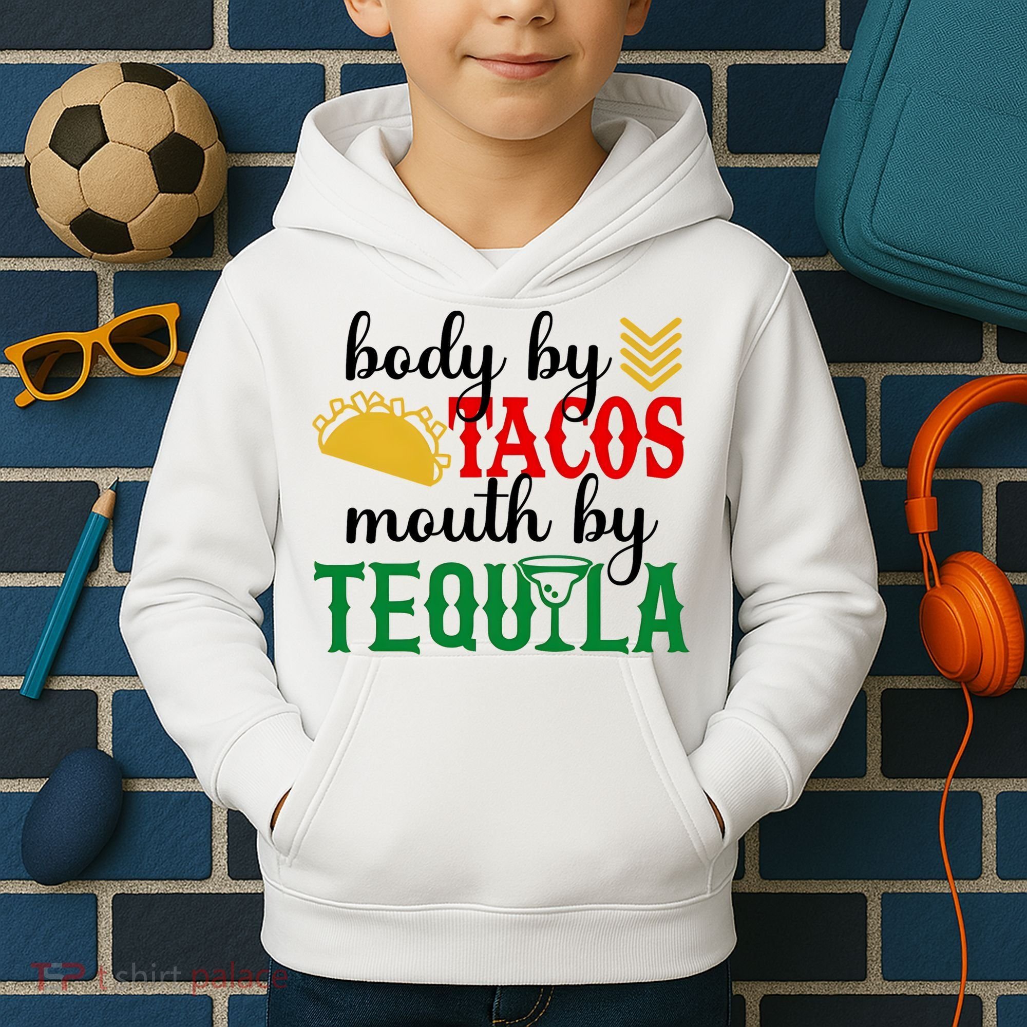 Funny Cinco De Mayo Body By Tacos Mouth By Tequila Kids Hoodie
