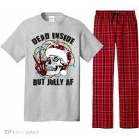 Funny Christmas Dead Inside But Jolly AF Peace Out Skull Pajama Set thumb 0