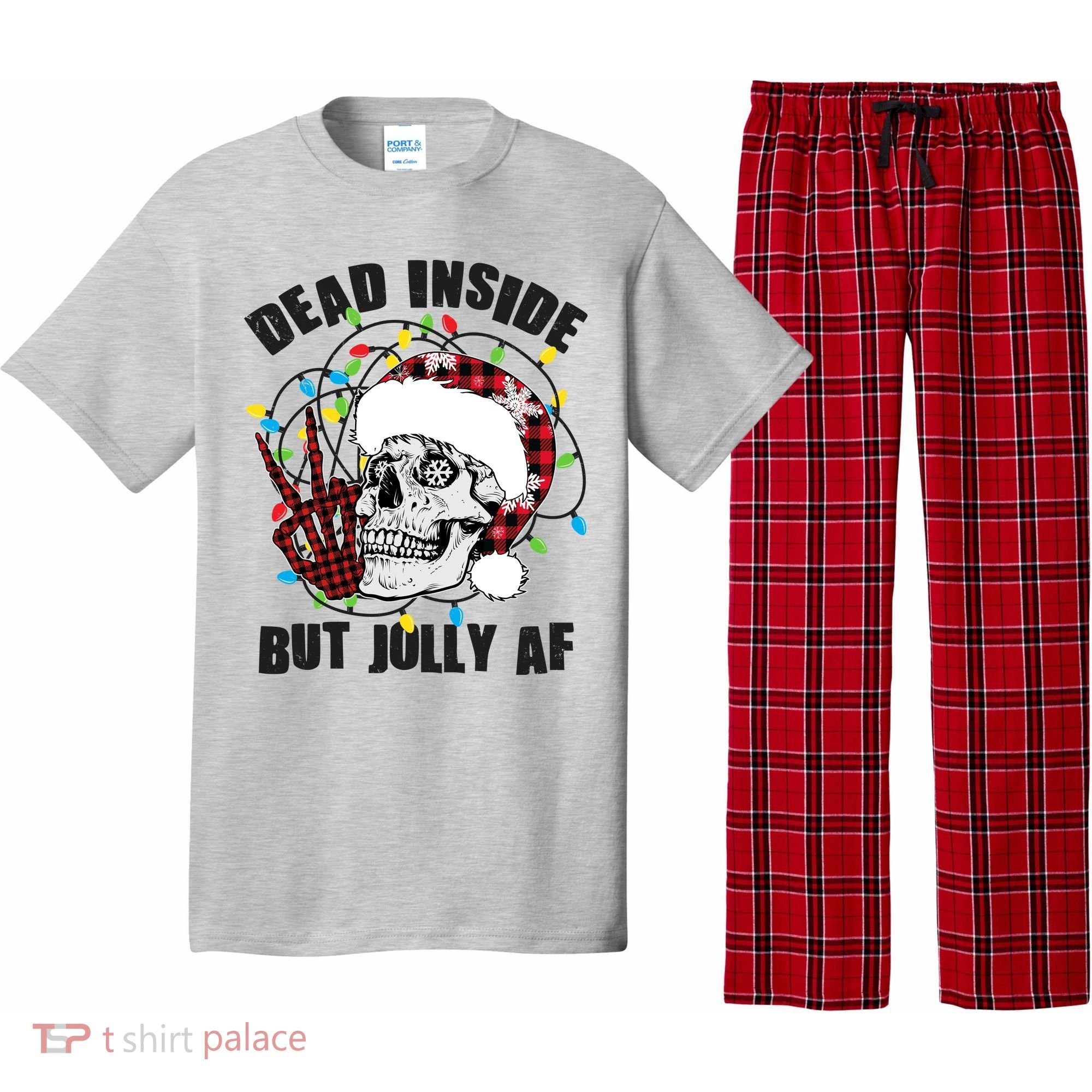 Funny Christmas Dead Inside But Jolly AF Peace Out Skull Pajama Set