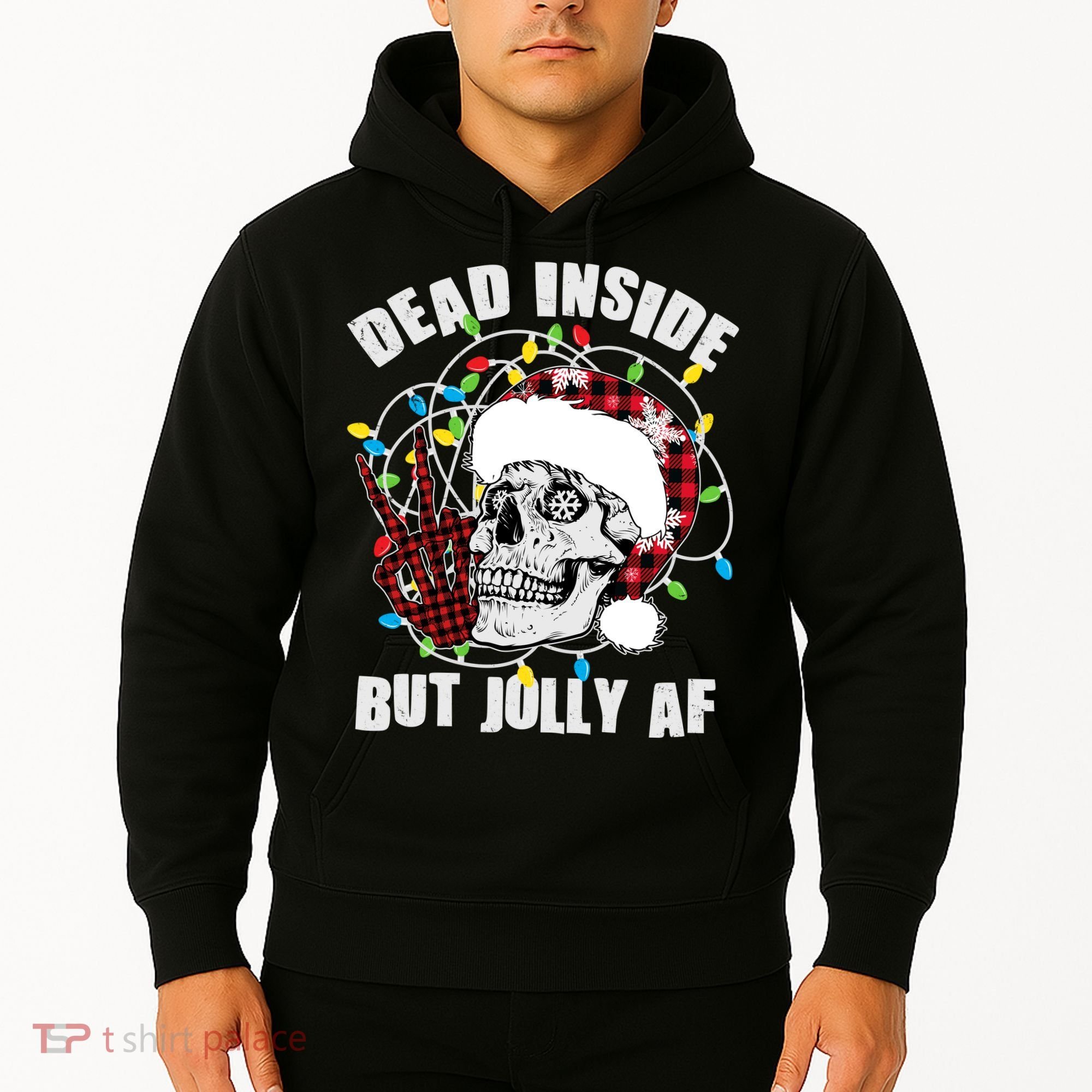 Funny Christmas Dead Inside But Jolly AF Peace Out Skull Hoodie