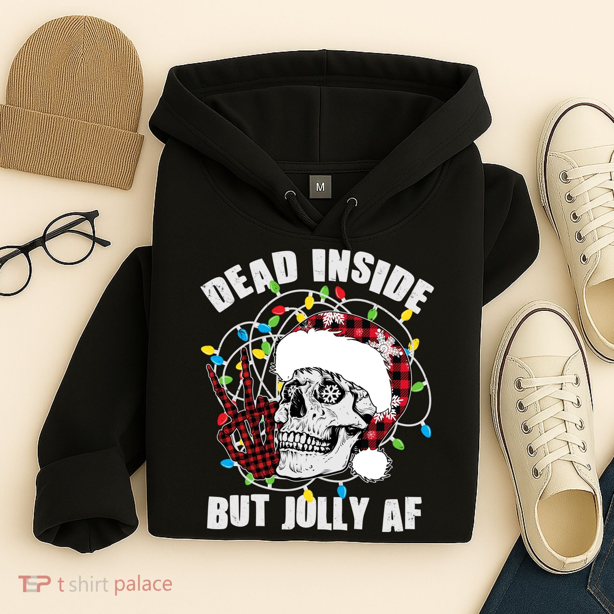 Funny Christmas Dead Inside But Jolly AF Peace Out Skull Hoodie
