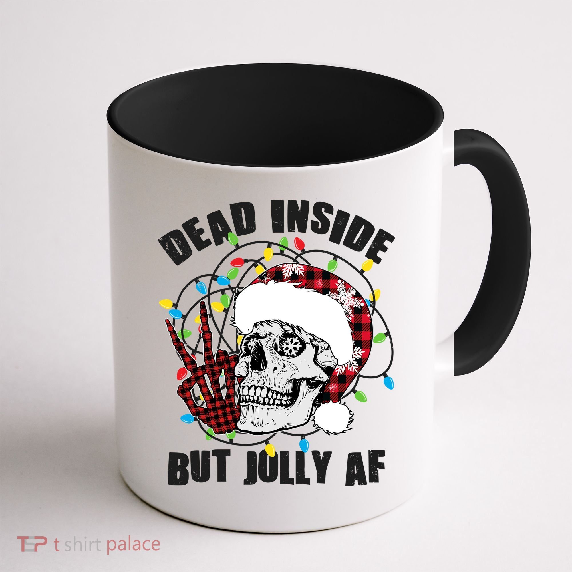 Funny Christmas Dead Inside But Jolly AF Peace Out Skull Coffee Mug
