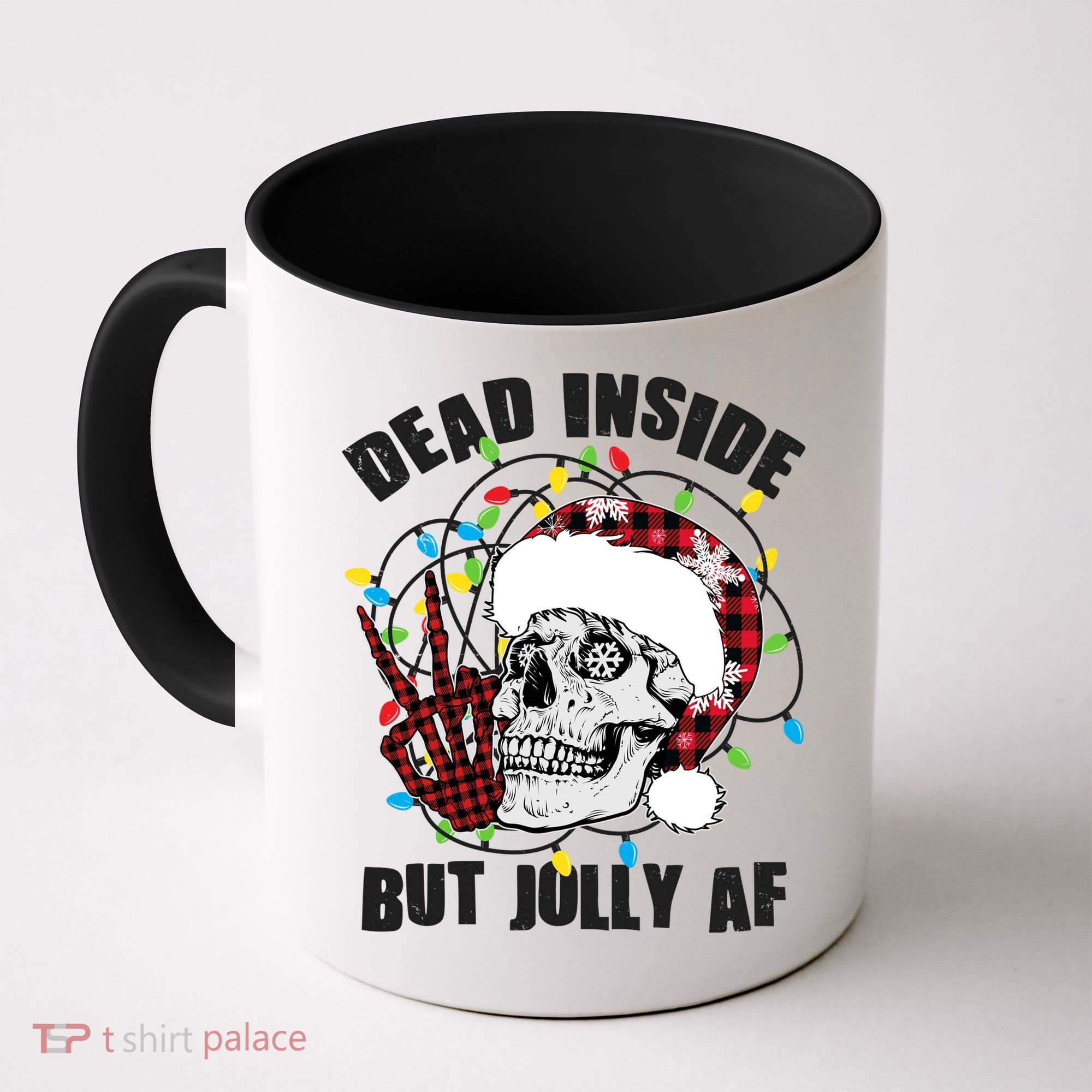 Funny Christmas Dead Inside But Jolly AF Peace Out Skull Coffee Mug