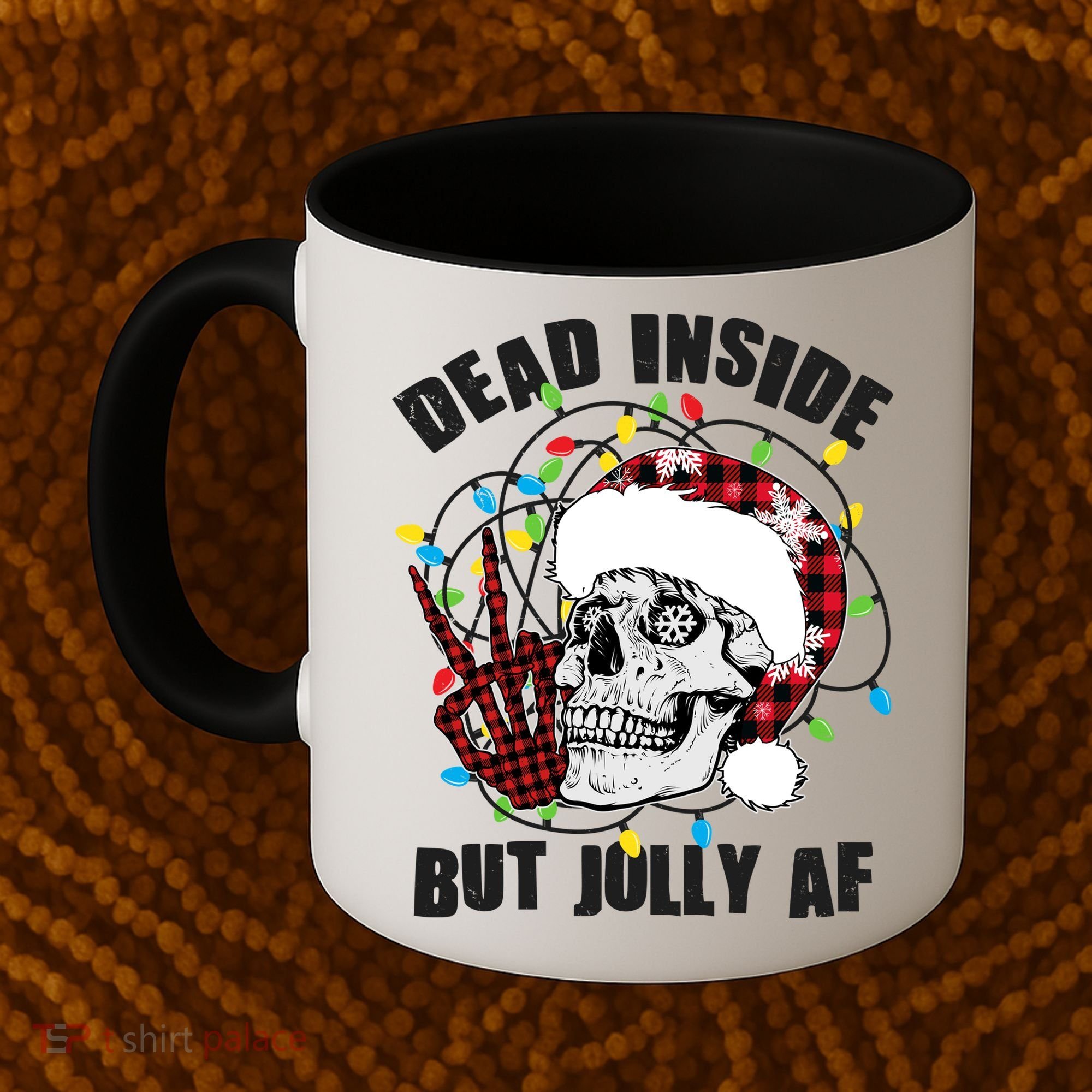 Funny Christmas Dead Inside But Jolly AF Peace Out Skull Coffee Mug