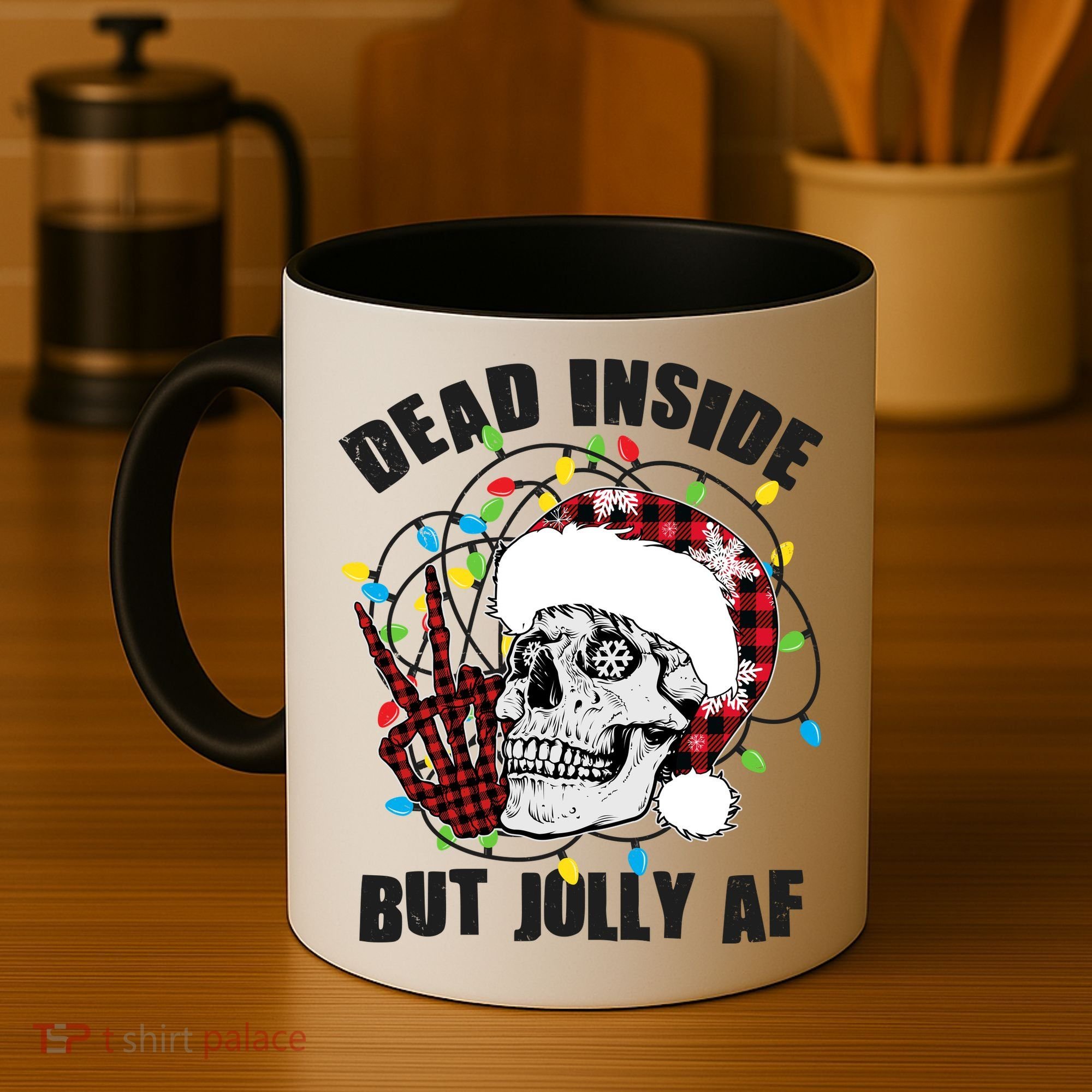 Funny Christmas Dead Inside But Jolly AF Peace Out Skull Coffee Mug