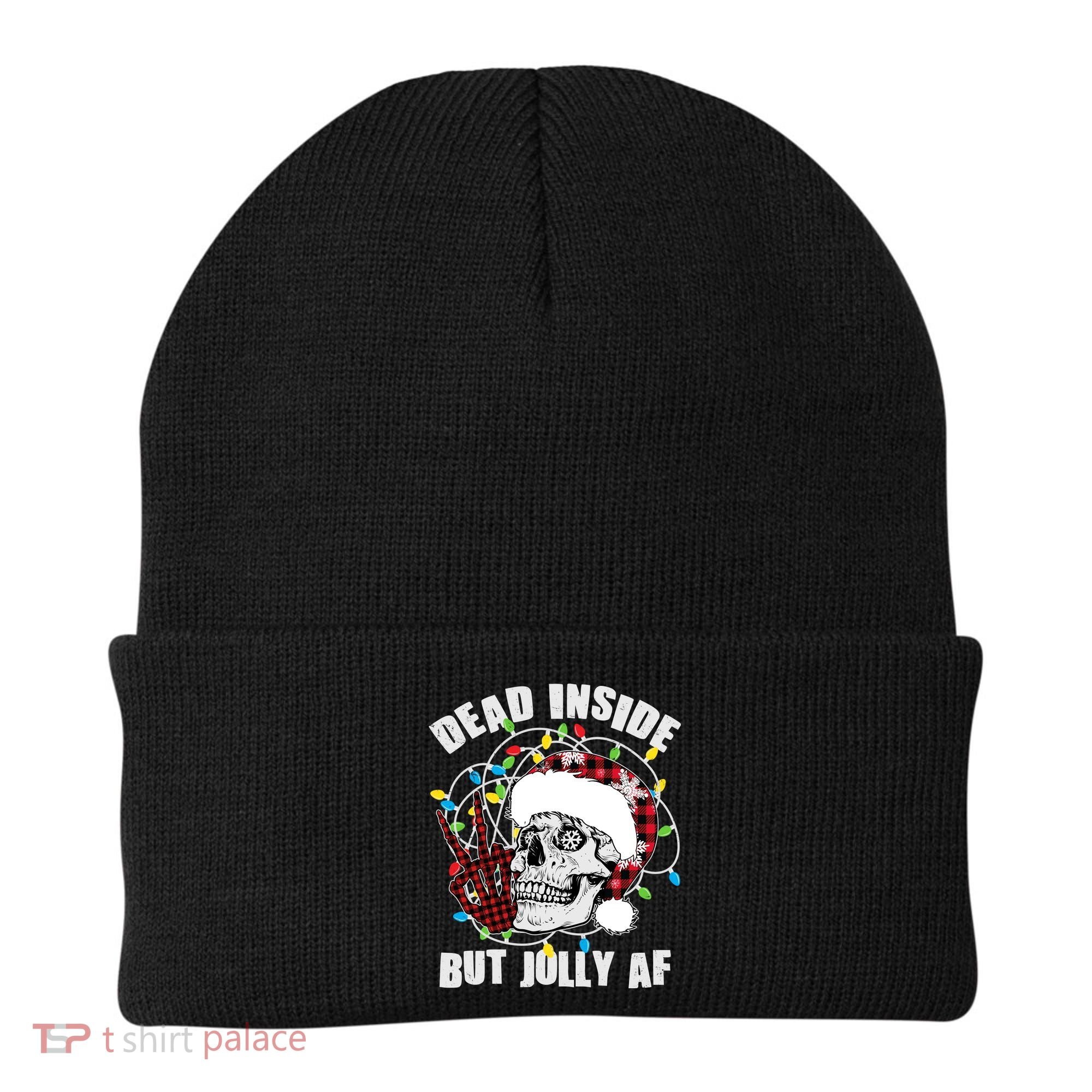 Funny Christmas Dead Inside But Jolly AF Peace Out Skull Beanie