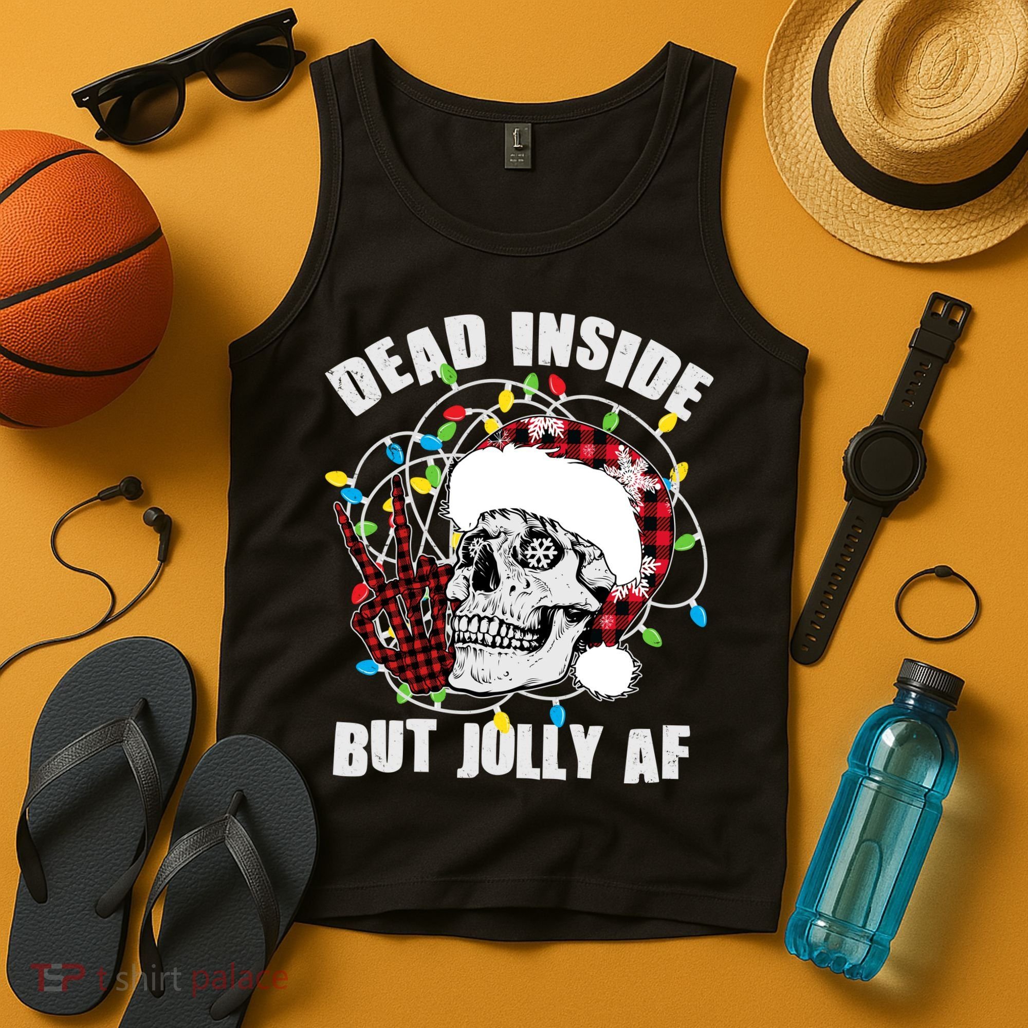 Funny Christmas Dead Inside But Jolly AF Peace Out Skull Tank Top