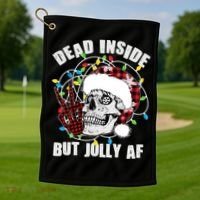 Funny Christmas Dead Inside But Jolly AF Peace Out Skull Golf Towel thumb 1