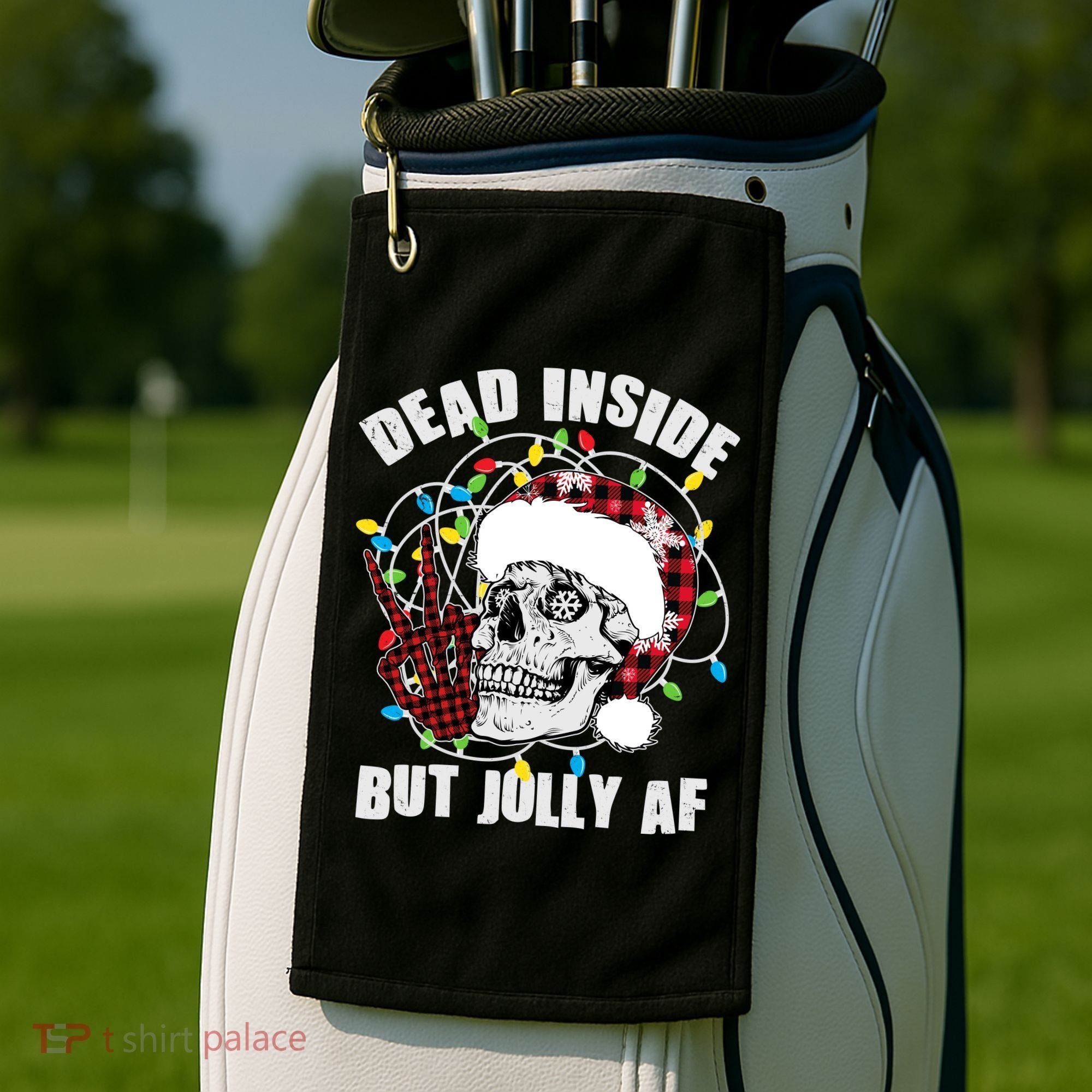 Funny Christmas Dead Inside But Jolly AF Peace Out Skull Golf Towel